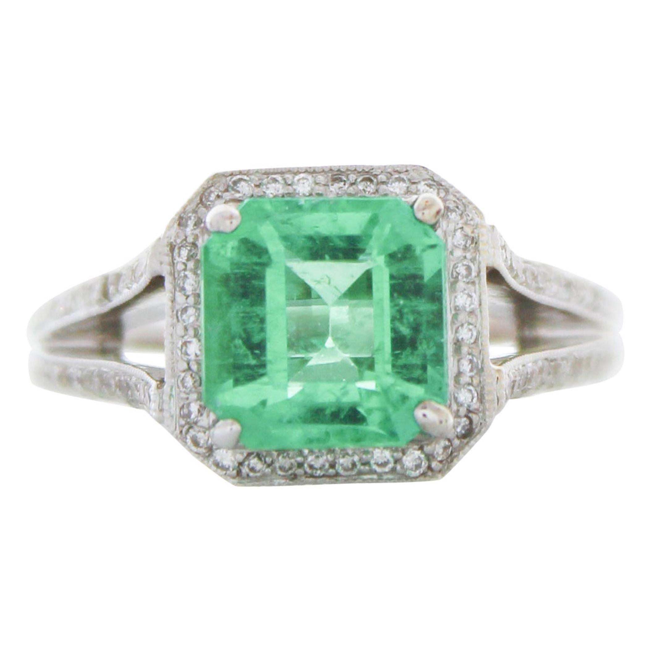 2.21 Carat Square Emerald Cut Emerald & Diamond Ring in 18k White Gold