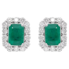 2.21 Carat Zambian Emerald Earrings 0.85 Carat Diamond Pave 18 Karat White Gold