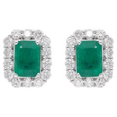 2.21 Carat Zambian Emerald Earrings 0.85 Carat Diamond Pave 18 Karat White Gold