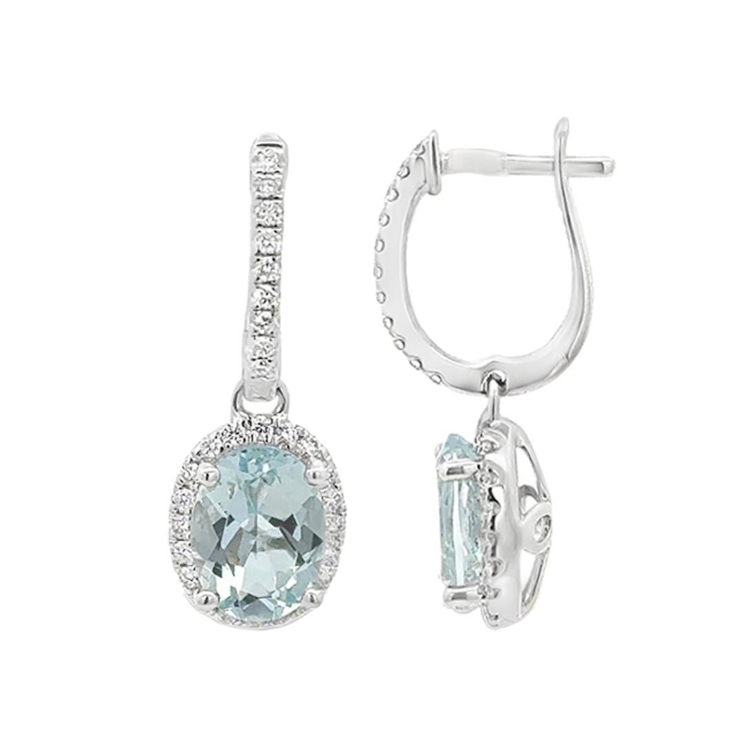 Contemporary Roman Malakov 2.21 Carats Oval Cut Aquamarine & Diamond Halo Dangle Earrings For Sale