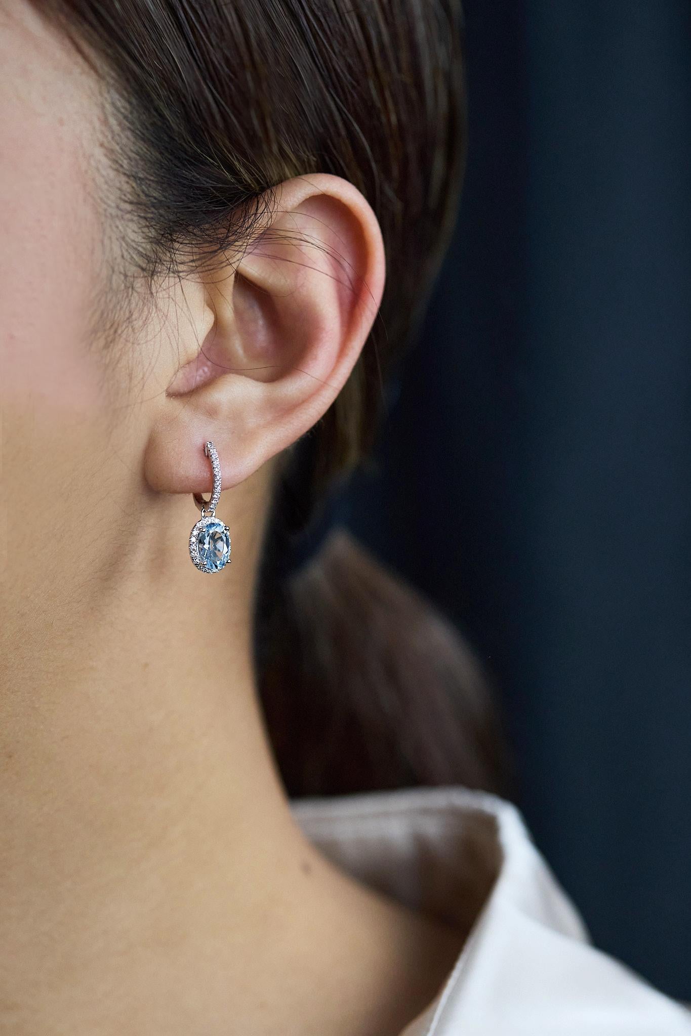 Roman Malakov 2.21 Carats Oval Cut Aquamarine & Diamond Halo Dangle Earrings For Sale 1