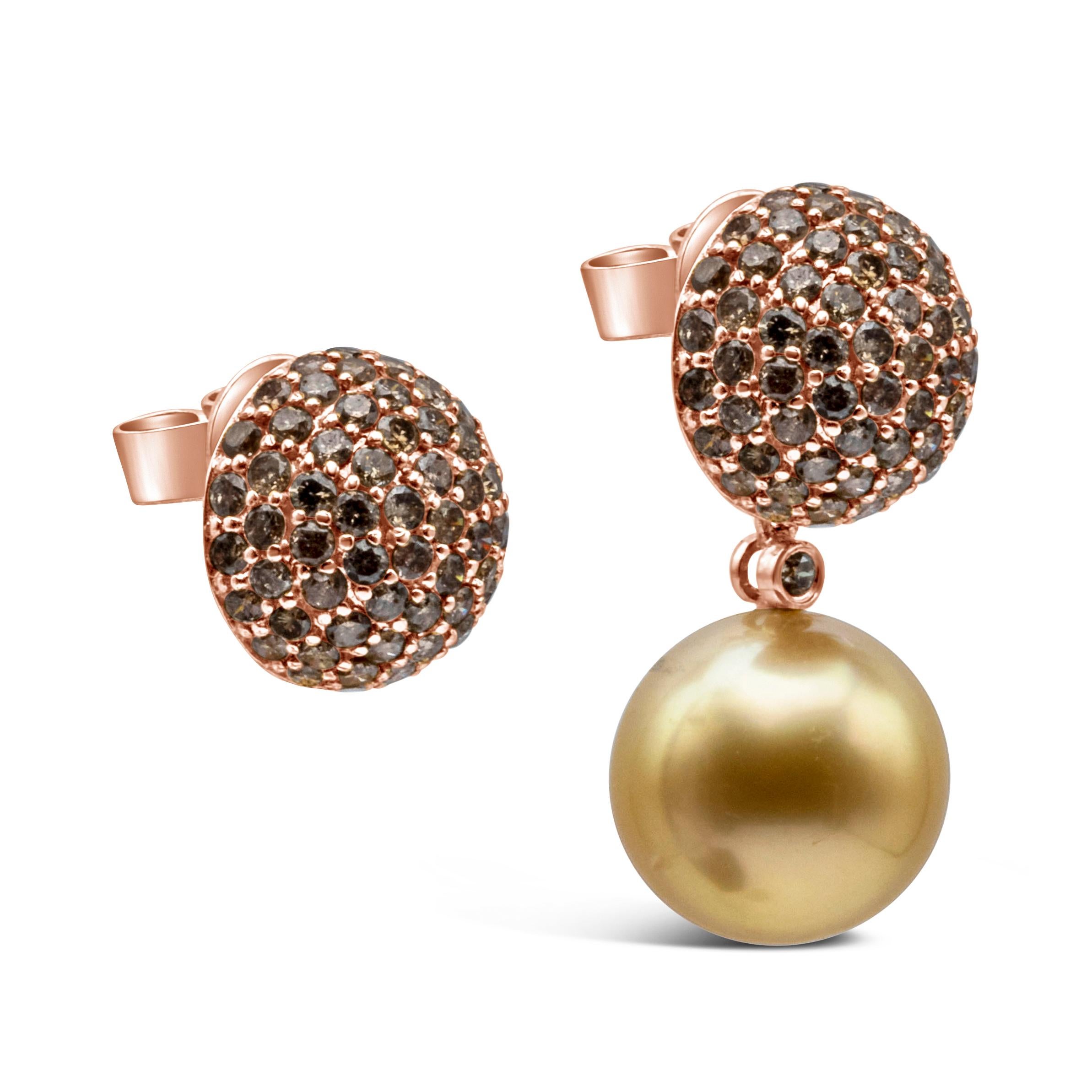 Round Cut 2.21 Carats Total Round Champagne Diamond and South Sea Golden Pearl Earrings For Sale