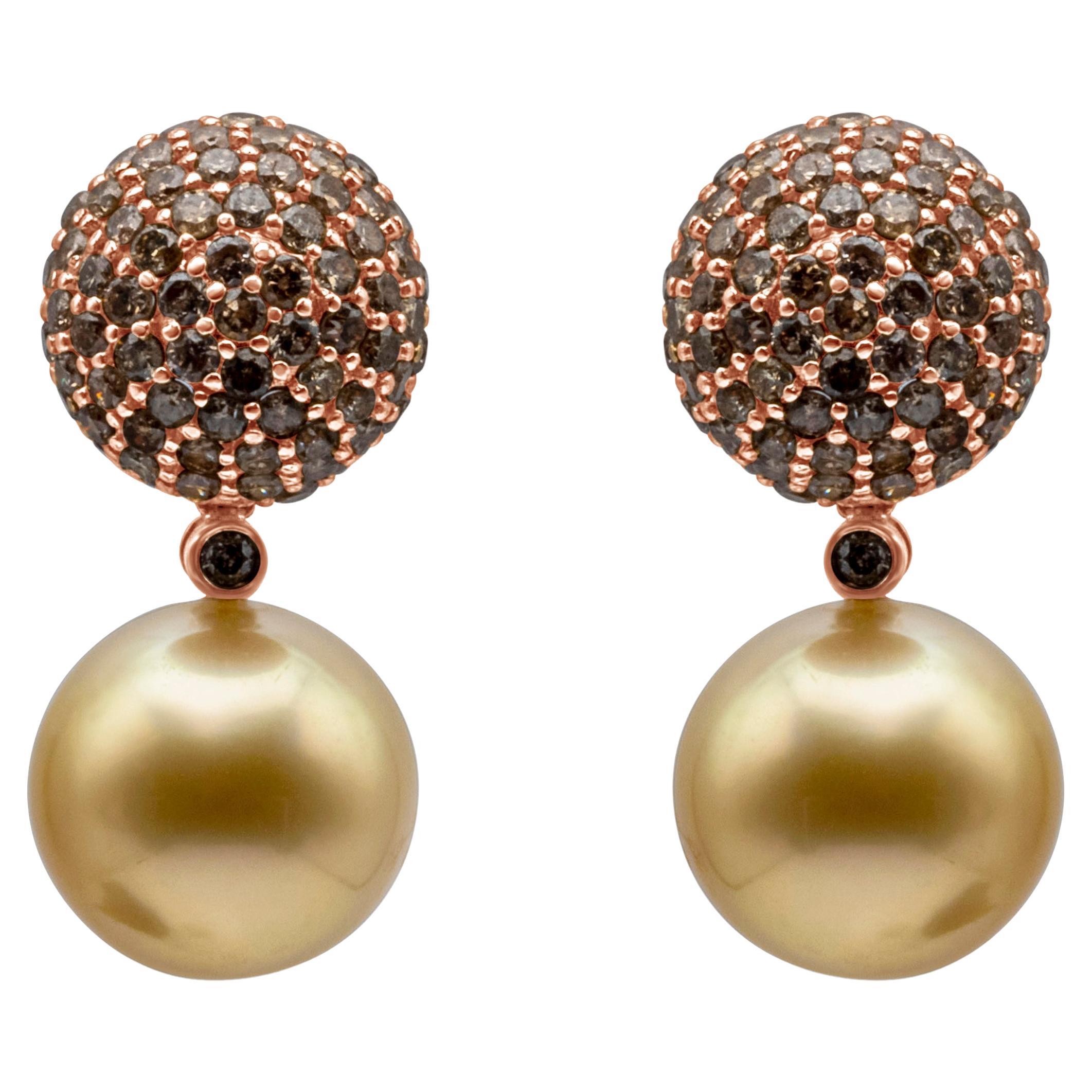 2.21 Carats Total Round Champagne Diamond and South Sea Golden Pearl Earrings For Sale