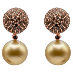 2.21 Carats Total Round Champagne Diamond and South Sea Golden Pearl Earrings