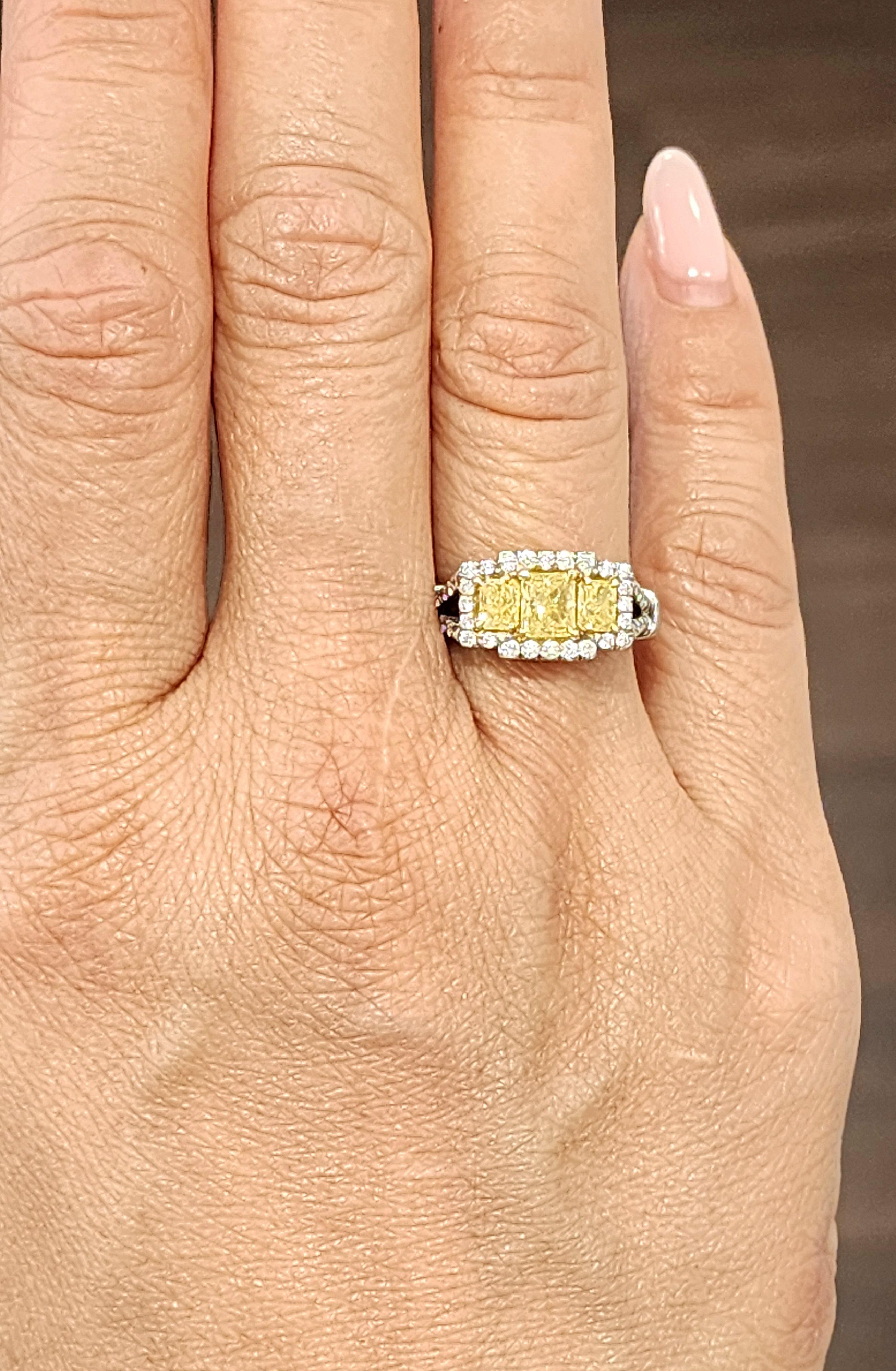 Radiant Cut 2.21 ct Natural Yellow & Diamond Ring For Sale