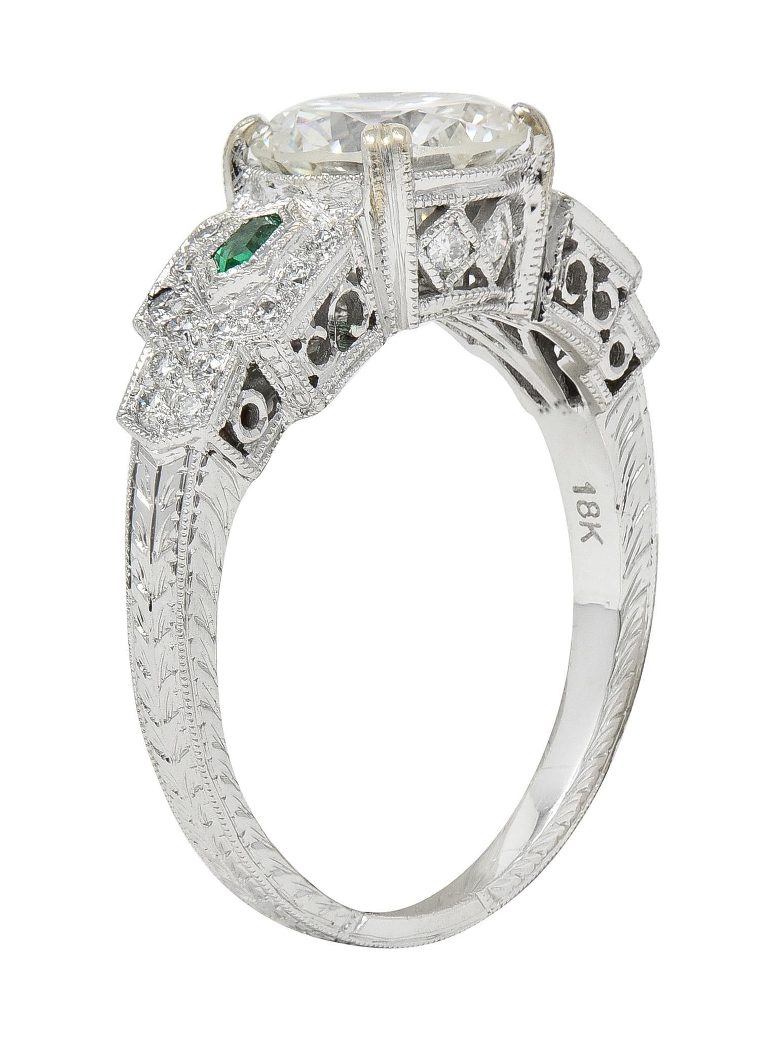 2,21 CTW Alter europäischer Diamant Smaragd 18 Karat Weißgold Verlobungsring GIA (Art déco) im Angebot