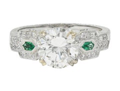 2.21 CTW Old European Diamond Emerald 18 Karat White Gold Engagement Ring GIA