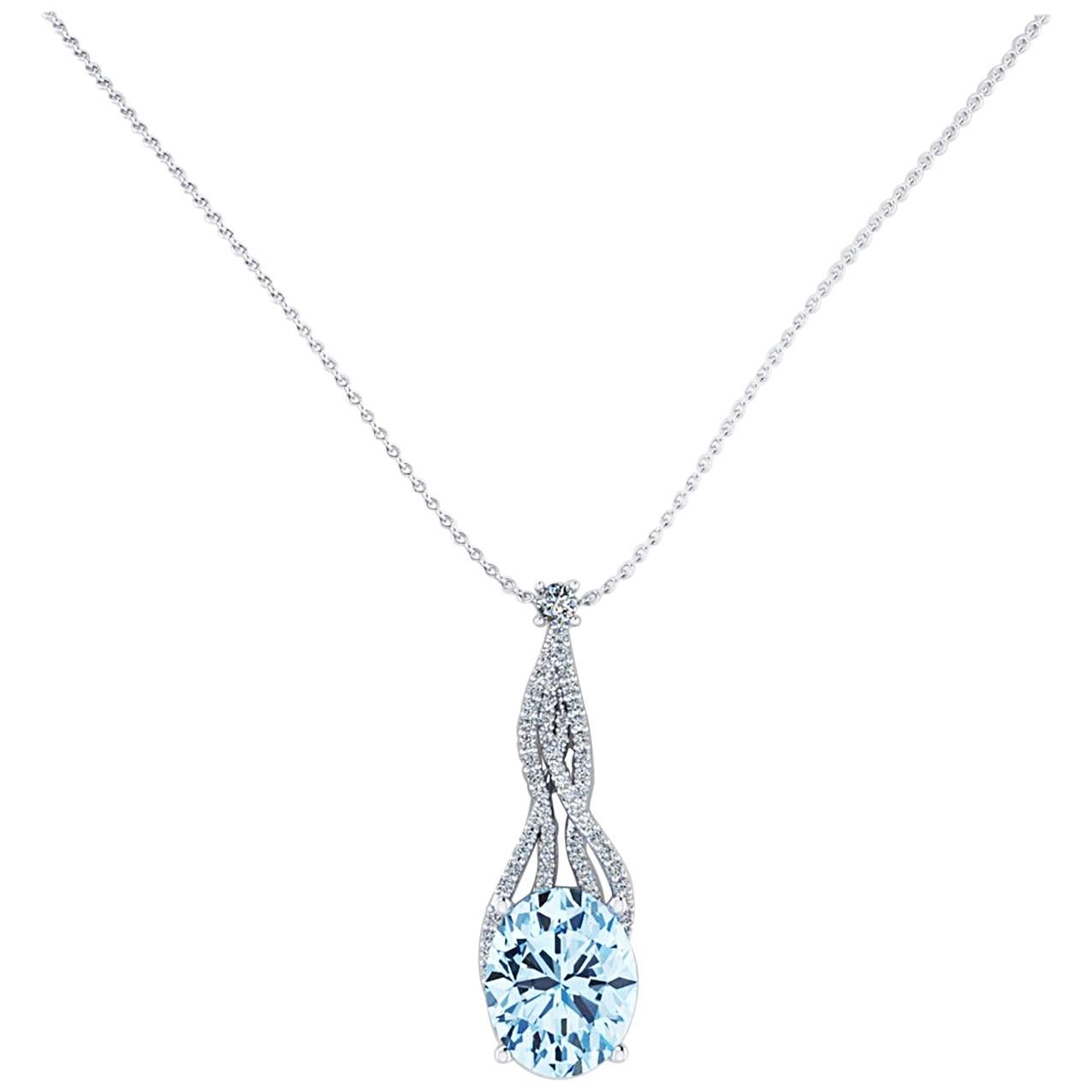 2.21 Oval Blue Aquamarine and Diamonds 18 Karat Gold Pendant Necklace Waterfall