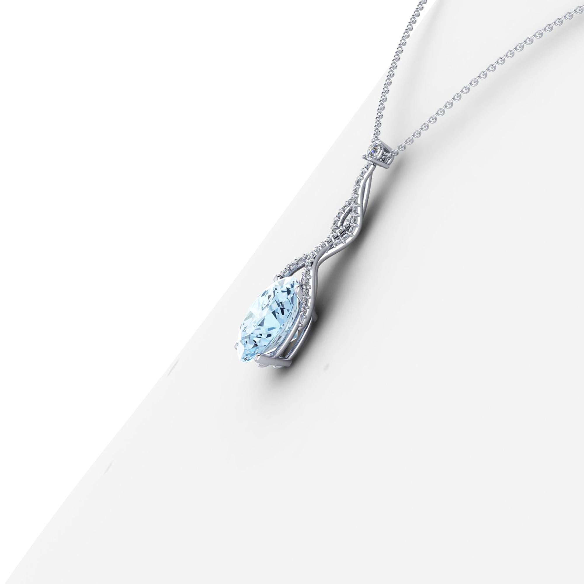 2.21 carat blue Oval Aquamarine in a 18k white gold and 0.20 carat weight diamonds pendant necklace,
conceived in a flowing, organic design to recall the beauty of waterfalls and the source of life. 
This design showcase delicate lines, flowing