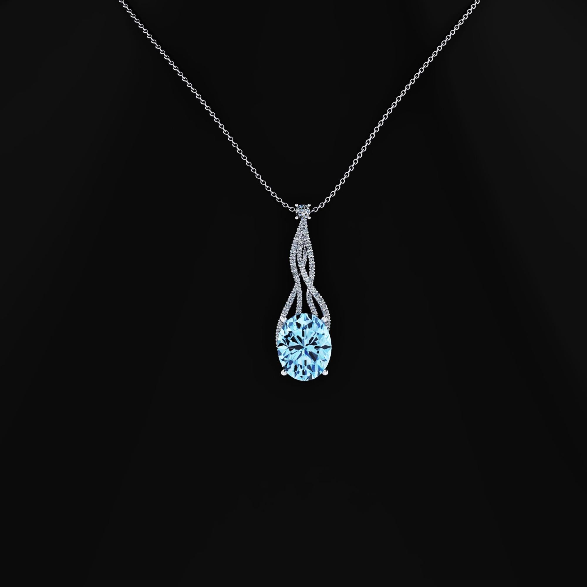 2.21 Oval Blauer Aquamarin und Diamanten 18 Karat Gold Anhänger Halskette Wasserfall im Zustand „Neu“ im Angebot in New York, NY