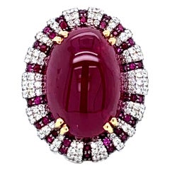 22.11 Carat CDC Certified Unheated Burmese Ruby Cabochon and Diamond Ring