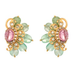 22.16 Carat Emerald Pink Tourmaline and Diamond 18kt Yellow Gold Stud Earrings