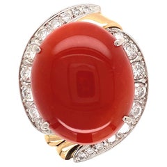 22.17 Carat Red Coral and Diamond Platinum Gold Retro Ring Estate Fine Jewelry 22.17 Carat Red Coral and Diamond Platinum Gold Retro Ring Estate Fine Jewelry