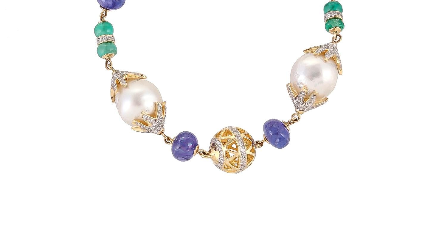 Bead 22.17 Carat South Sea Pearl Emerald Tanzanite Diamond 18 Karat Gold Bracelet For Sale