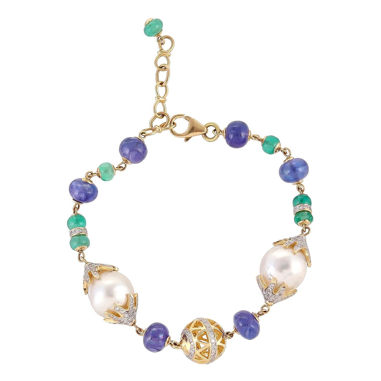 22.17 Carat South Sea Pearl Emerald Tanzanite Diamond 18 Karat Gold Bracelet For Sale