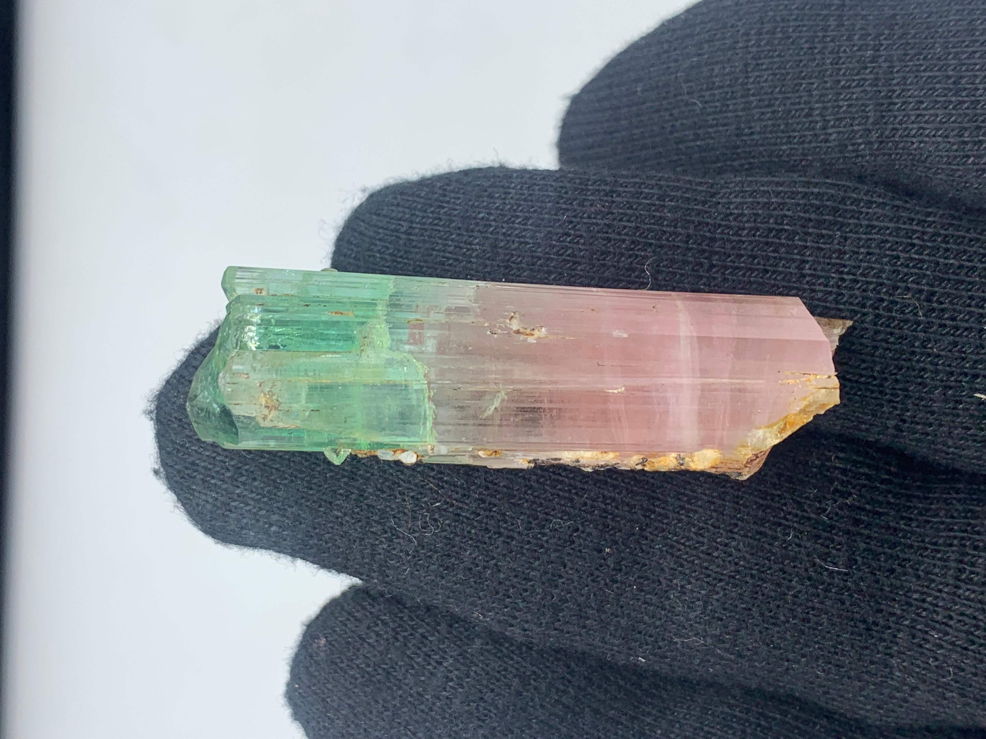 Weight: 22.17 Gram
Dimension: 5.5 x 1.4 x 1.4 Cm
Origin: Kunar, Afghanistan
Colour: Pink and Green

Tourmaline is a crystalline silicate mineral group in which boron is compounded with elements such as aluminium, iron, magnesium, sodium, lithium, or