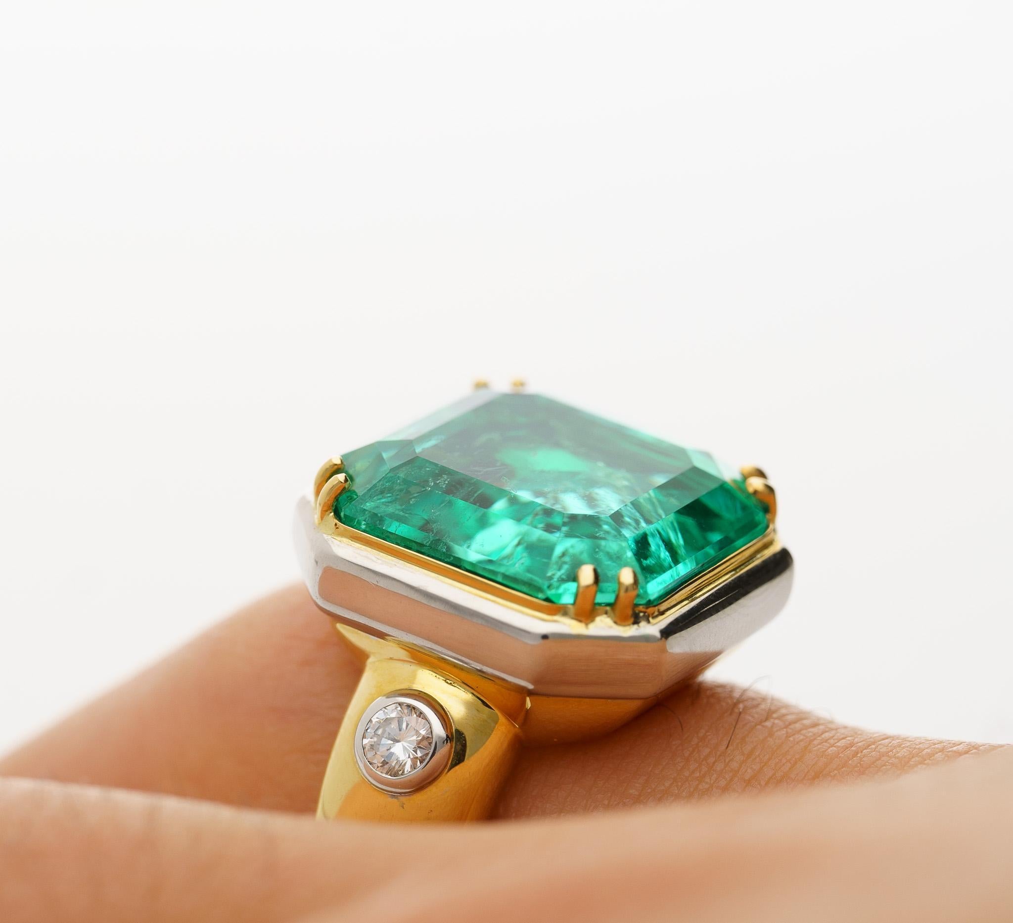 Octagon Cut 22.18 Carat Colombian Emerald Bezel 18K Gold Vintage Ring For Sale