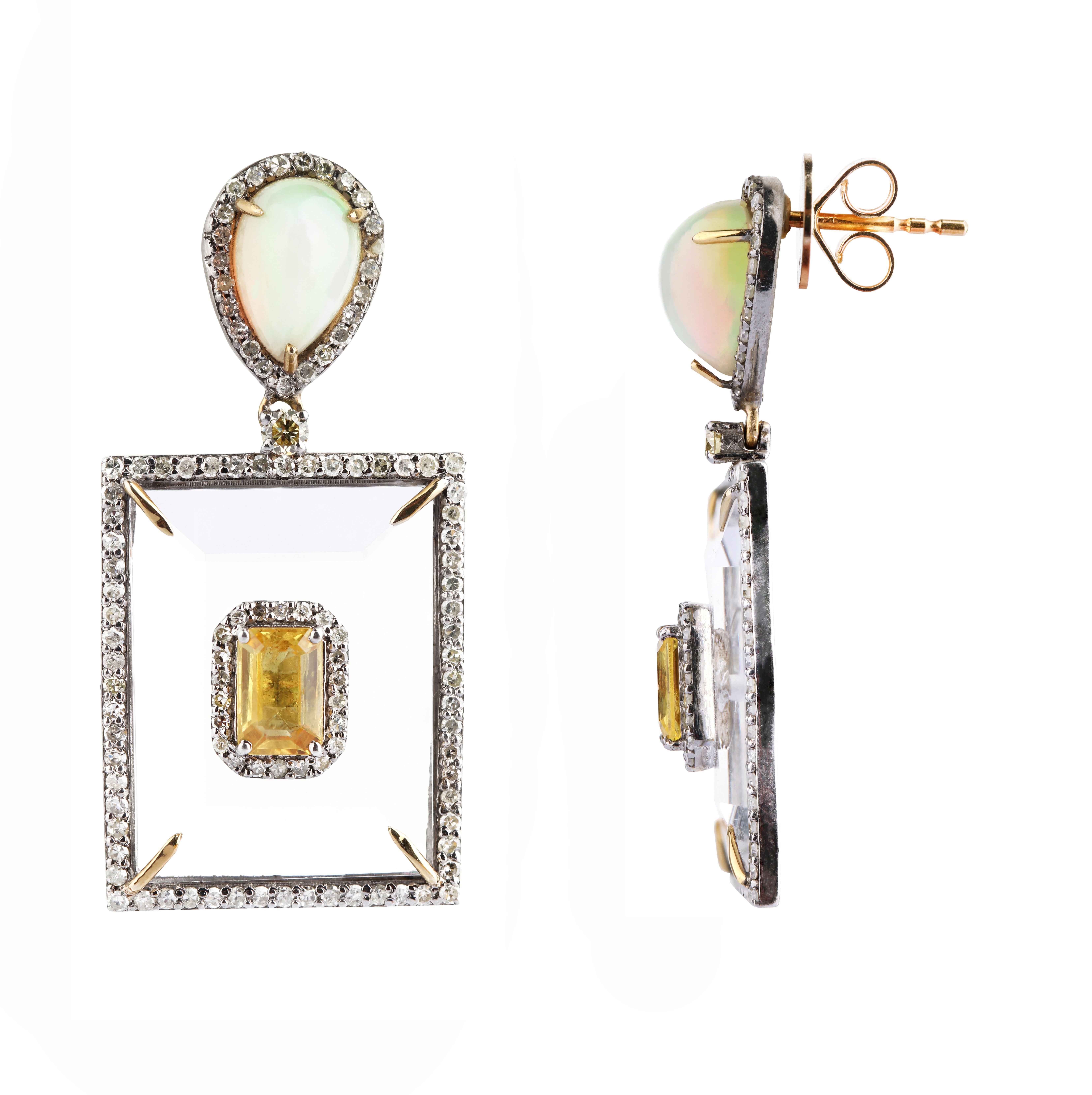 Art Deco 22.19 Carats Crystal, Diamond, Opal, and Yellow Sapphire Dangle Earrings For Sale