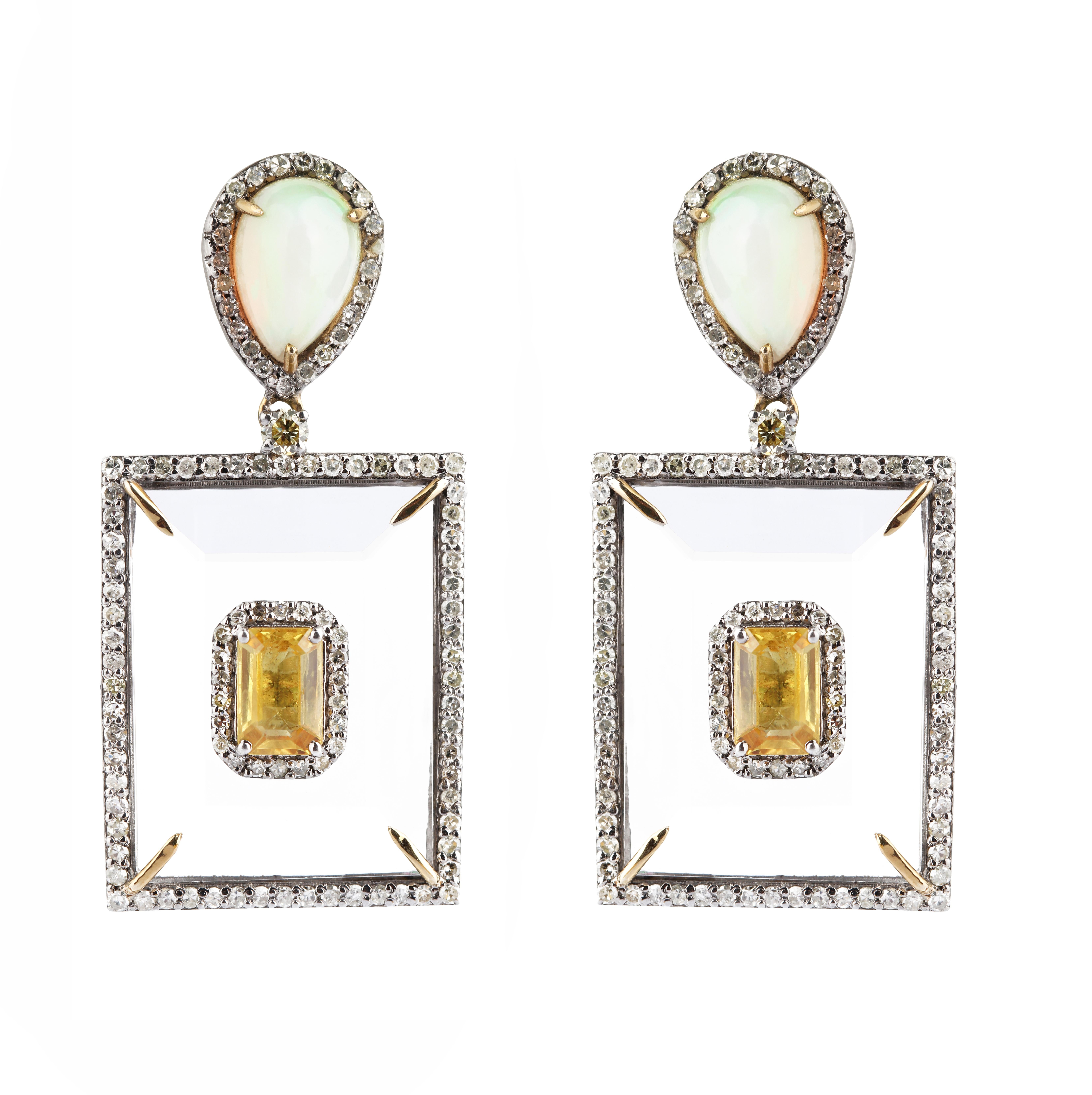 Emerald Cut 22.19 Carats Crystal, Diamond, Opal, and Yellow Sapphire Dangle Earrings For Sale
