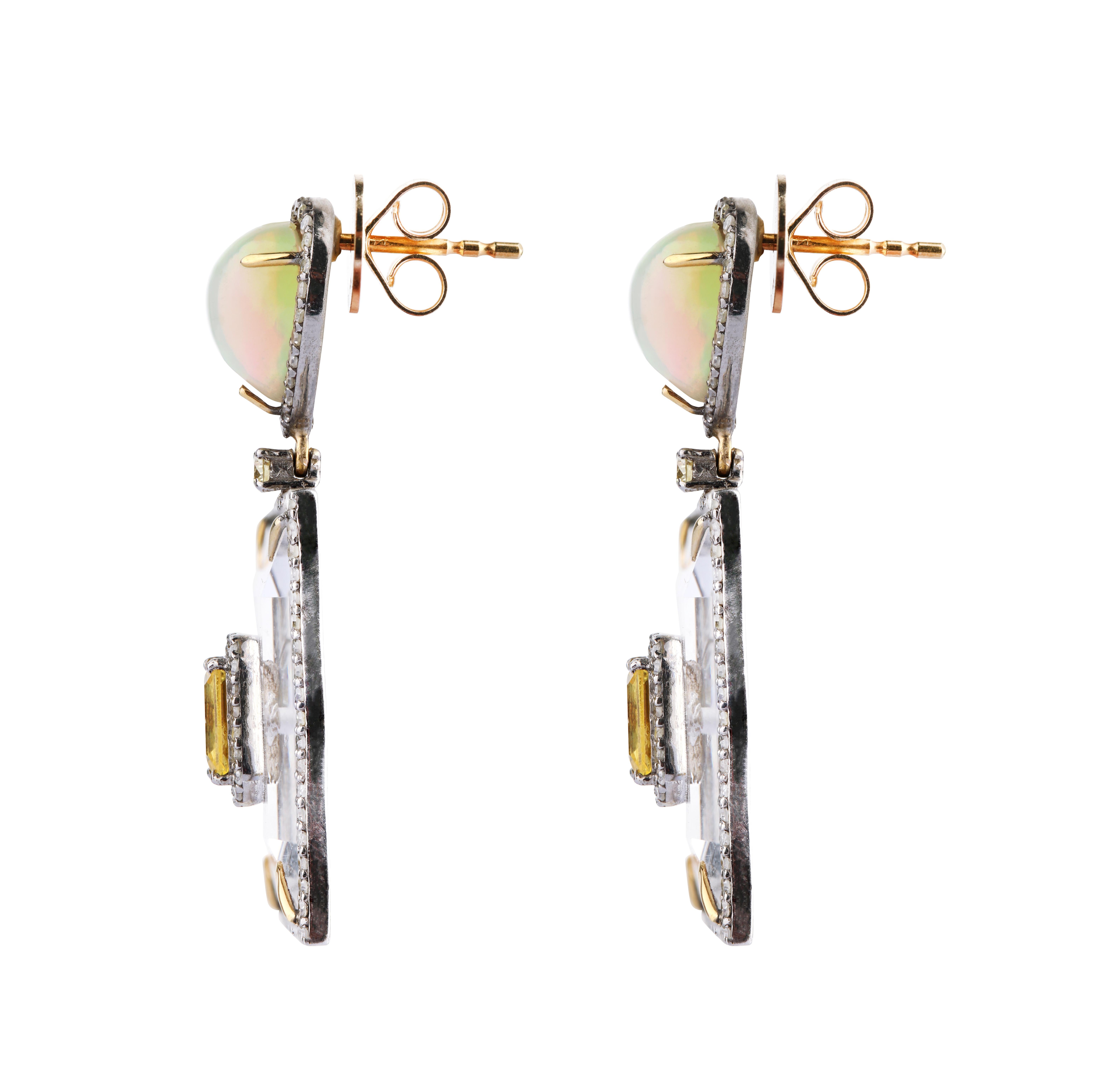 Women's 22.19 Carats Crystal, Diamond, Opal, and Yellow Sapphire Dangle Earrings For Sale