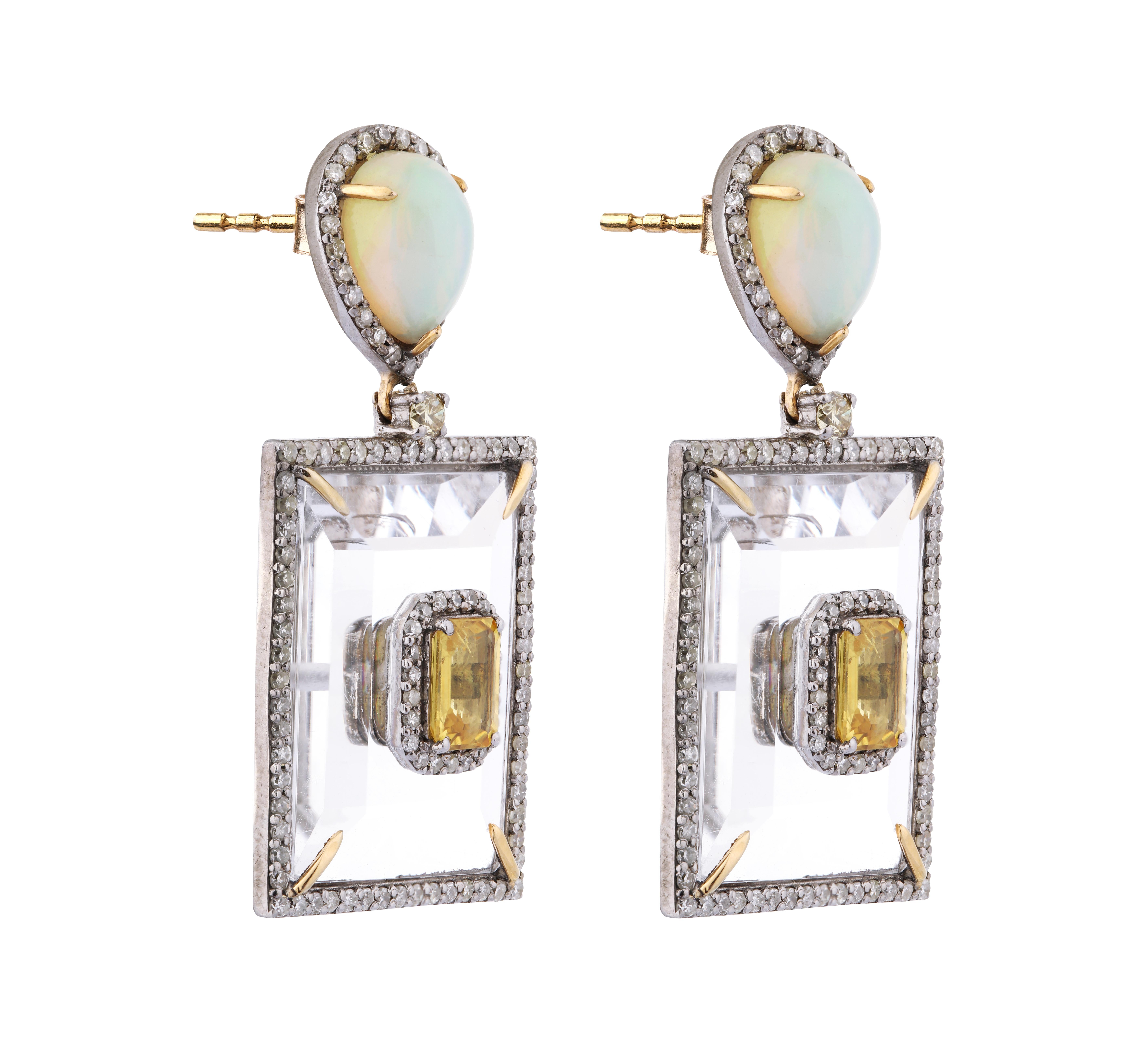 22.19 Carats Crystal, Diamond, Opal, and Yellow Sapphire Dangle Earrings For Sale 1
