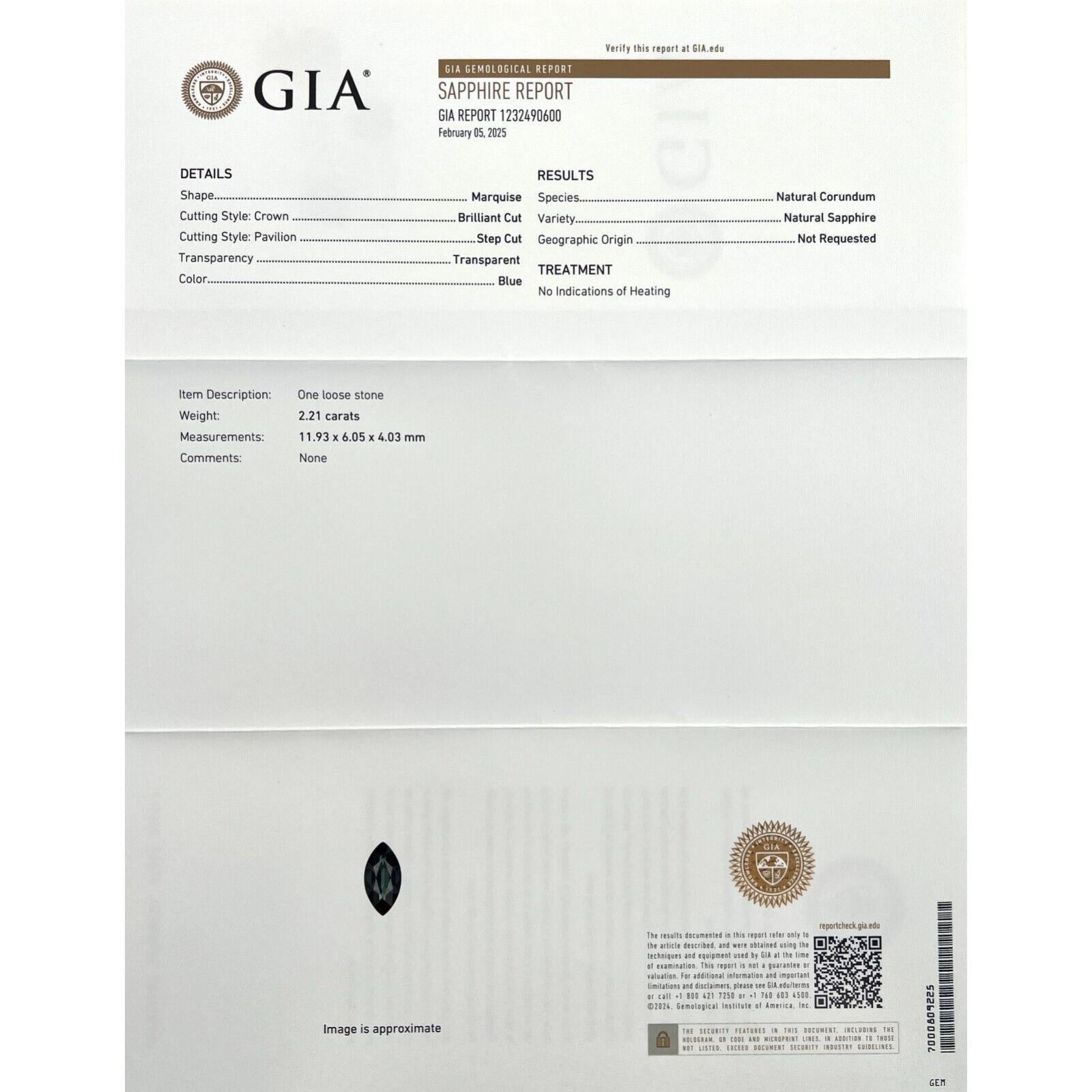 2,21 ct Zafiro Azul Profundo Certificado GIA Talla Navette Marquesa 11,9x4mm Corte marquesa en venta