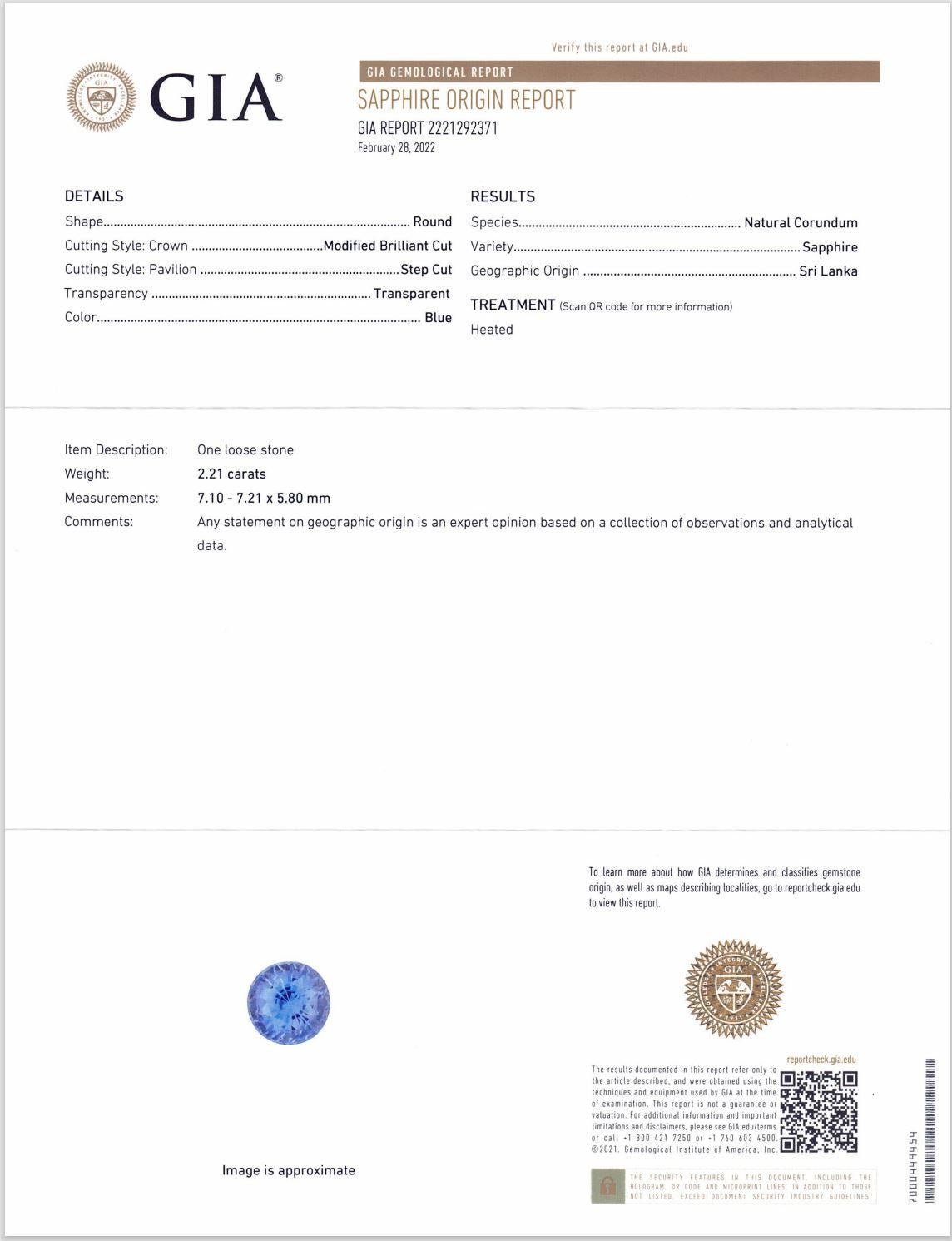Saphir bleu rond de 2,21 carats certifié GIA, Sri Lanka en vente 12