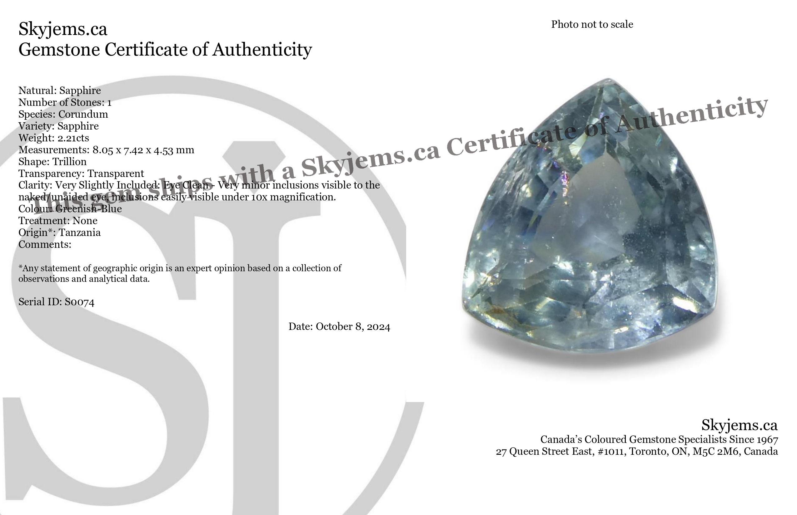 Description:

Gem Type: Sapphire 
Number of Stones: 1
Weight: 2.21 cts
Measurements: 8.05 x 7.42 x 4.53 mm
Shape: Trillion
Cutting Style Crown: Brilliant Cut
Cutting Style Pavilion: Step Cut 
Transparency: Transparent
Clarity: Very Slightly