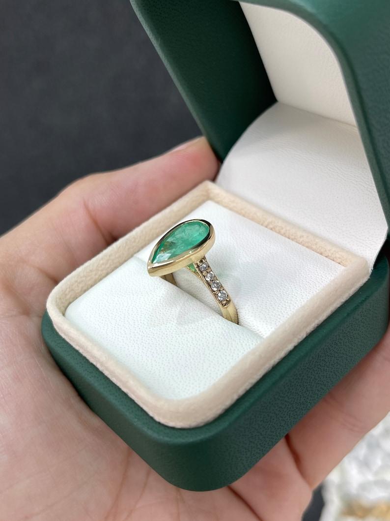 2.21tcw 14K Pear Cut Emerald & Diamond Accent Engagement Ring for May Wife For Sale 1