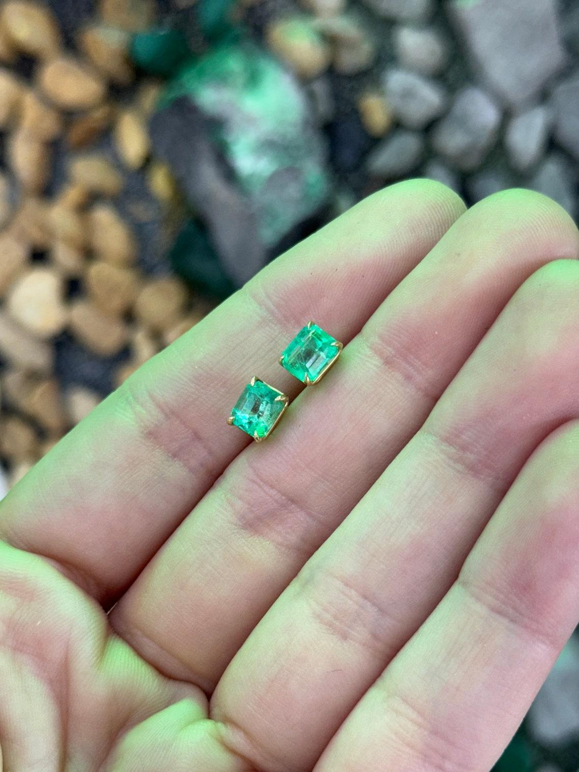 2.21tcw 18K Colombian Emerald Cut Studs Vivid Green Four Prong Set 750 Gold For Sale 5