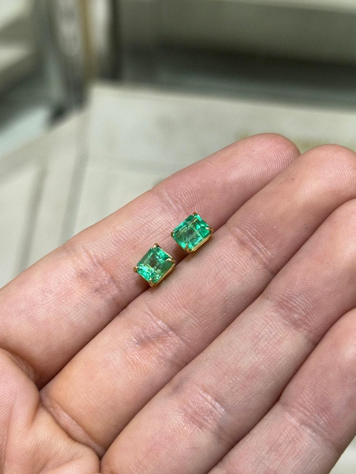 2.21tcw 18K Colombian Emerald Cut Studs Vivid Green Four Prong Set 750 Gold In New Condition For Sale In Jupiter, FL