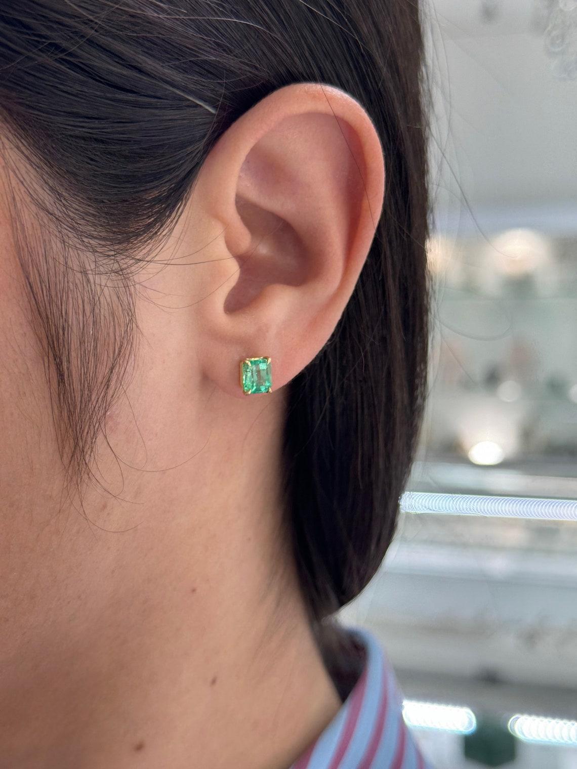 Women's 2.21tcw 18K Colombian Emerald Cut Studs Vivid Green Four Prong Set 750 Gold For Sale