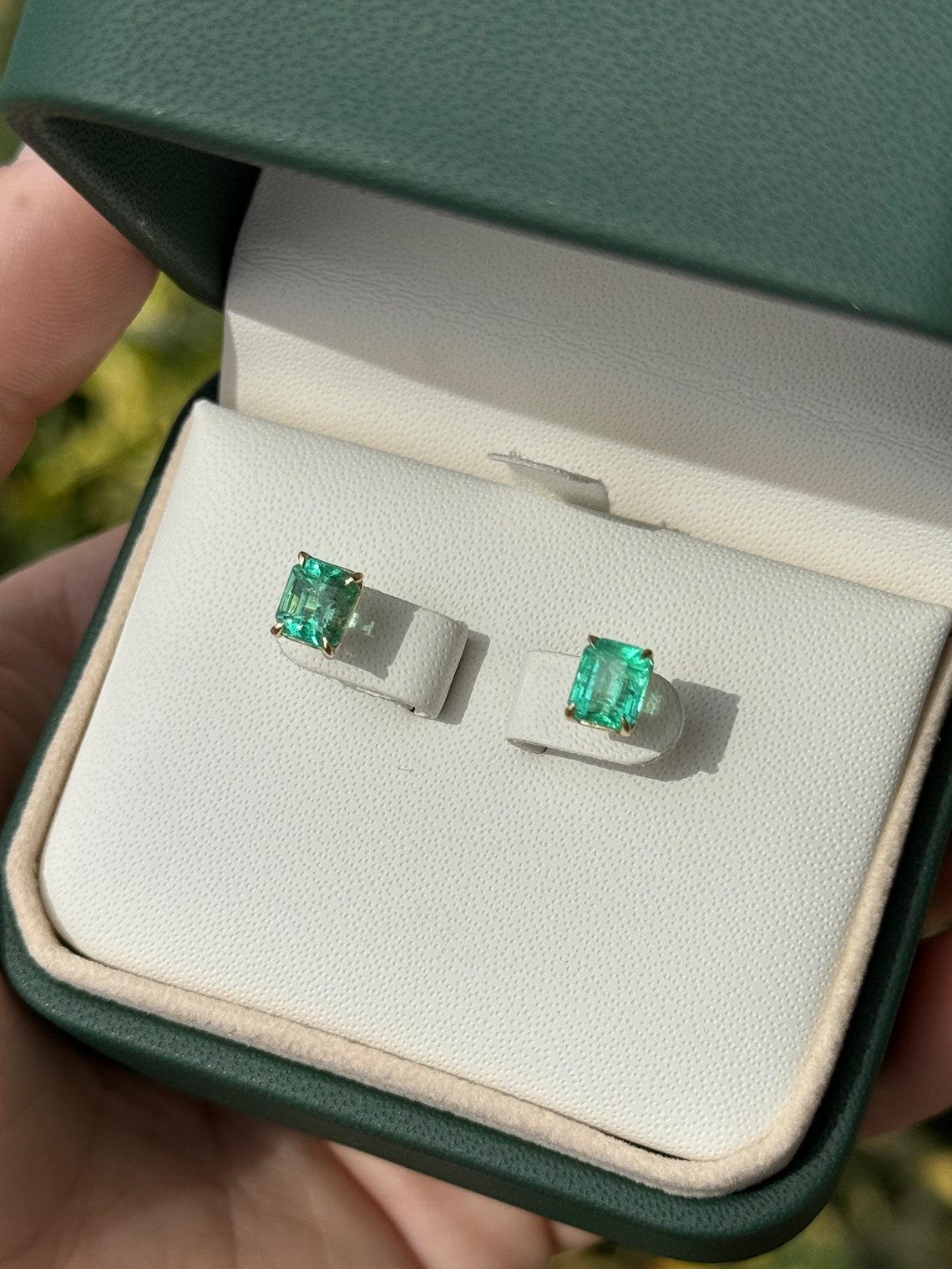 2.21tcw 18K Colombian Emerald Cut Studs Vivid Green Four Prong Set 750 Gold For Sale 1