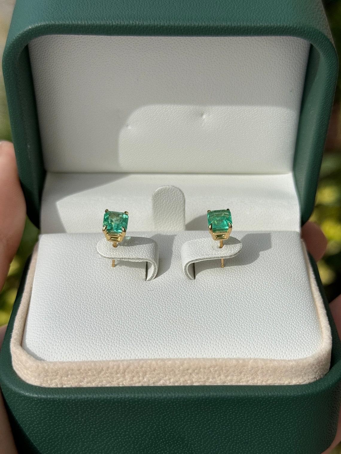 2.21tcw 18K Colombian Emerald Cut Studs Vivid Green Four Prong Set 750 Gold For Sale 2
