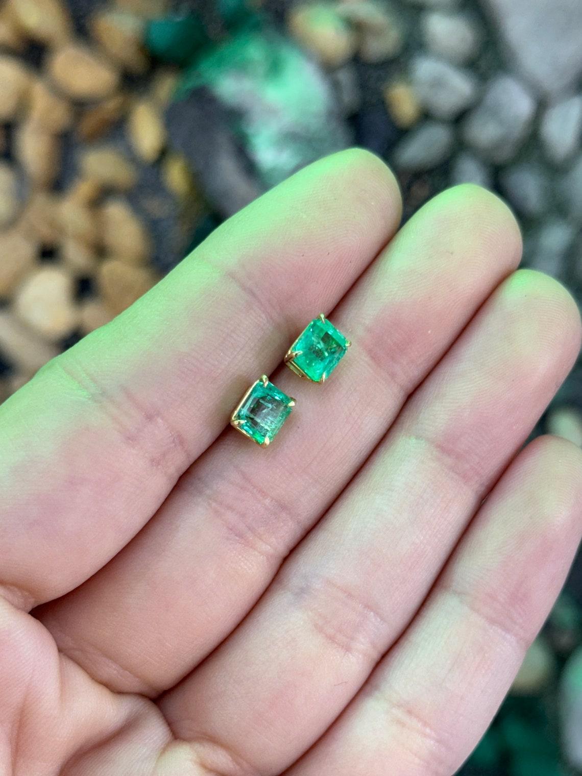 2.21tcw 18K Colombian Emerald Cut Studs Vivid Green Four Prong Set 750 Gold For Sale 3