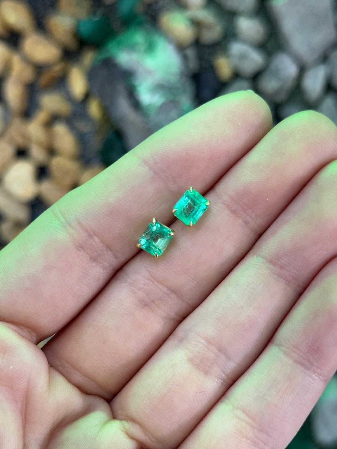 2.21tcw 18K Colombian Emerald Cut Studs Vivid Green Four Prong Set 750 Gold For Sale 4