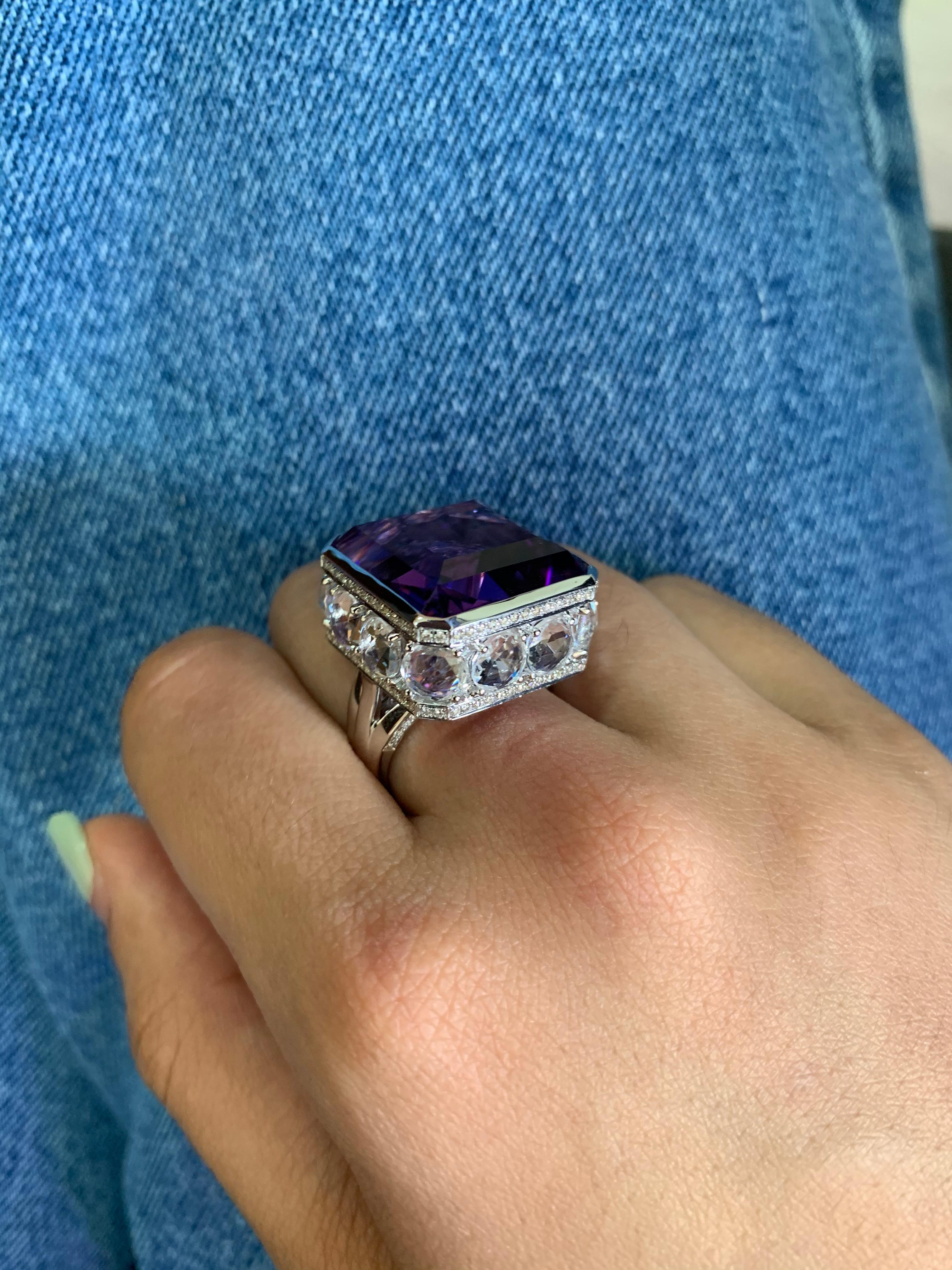 Contemporary 22.2 Carat Amethyst and Diamond Cocktail Ring in 18 Karat White Gold For Sale