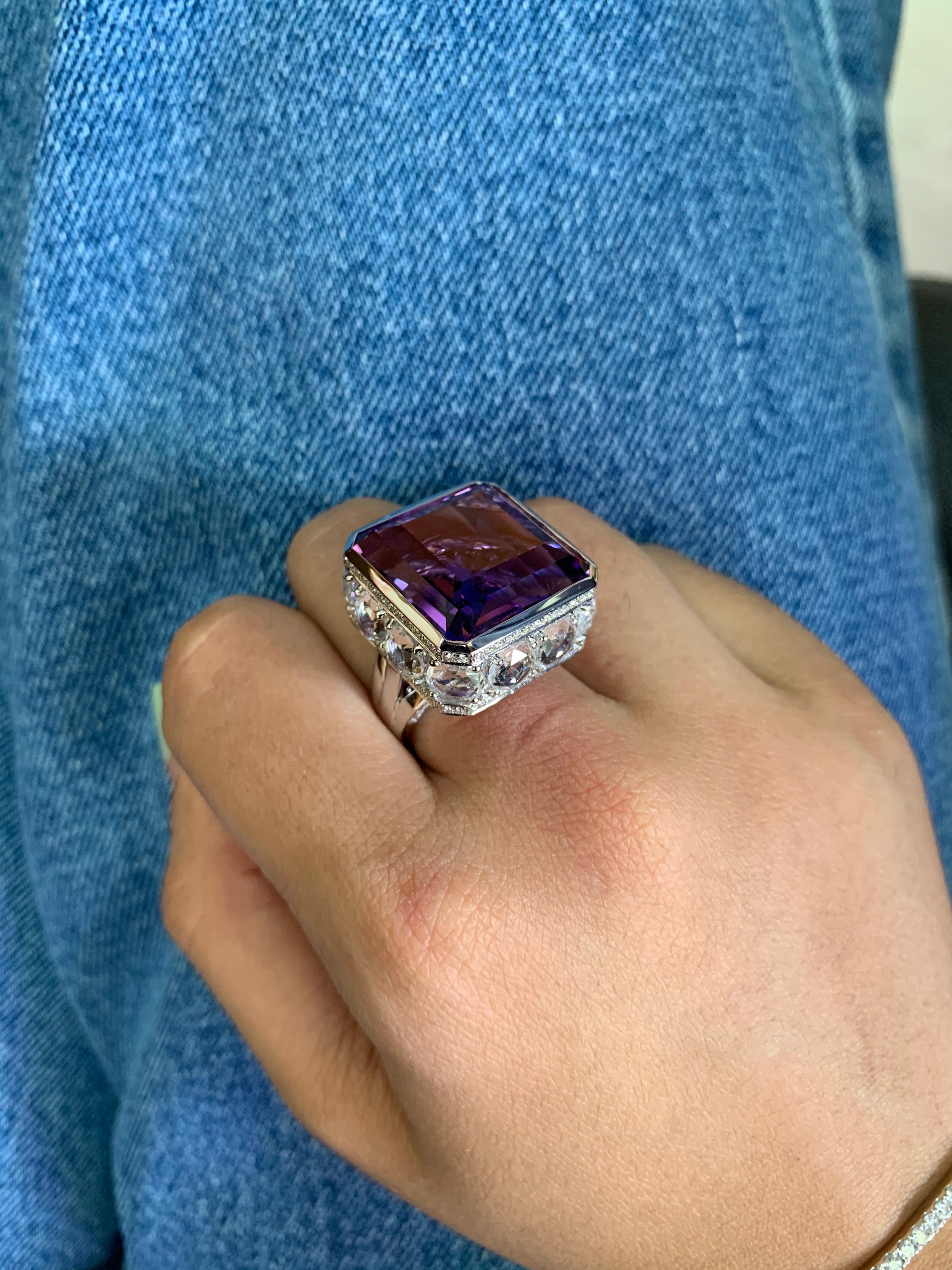 Emerald Cut 22.2 Carat Amethyst and Diamond Cocktail Ring in 18 Karat White Gold For Sale