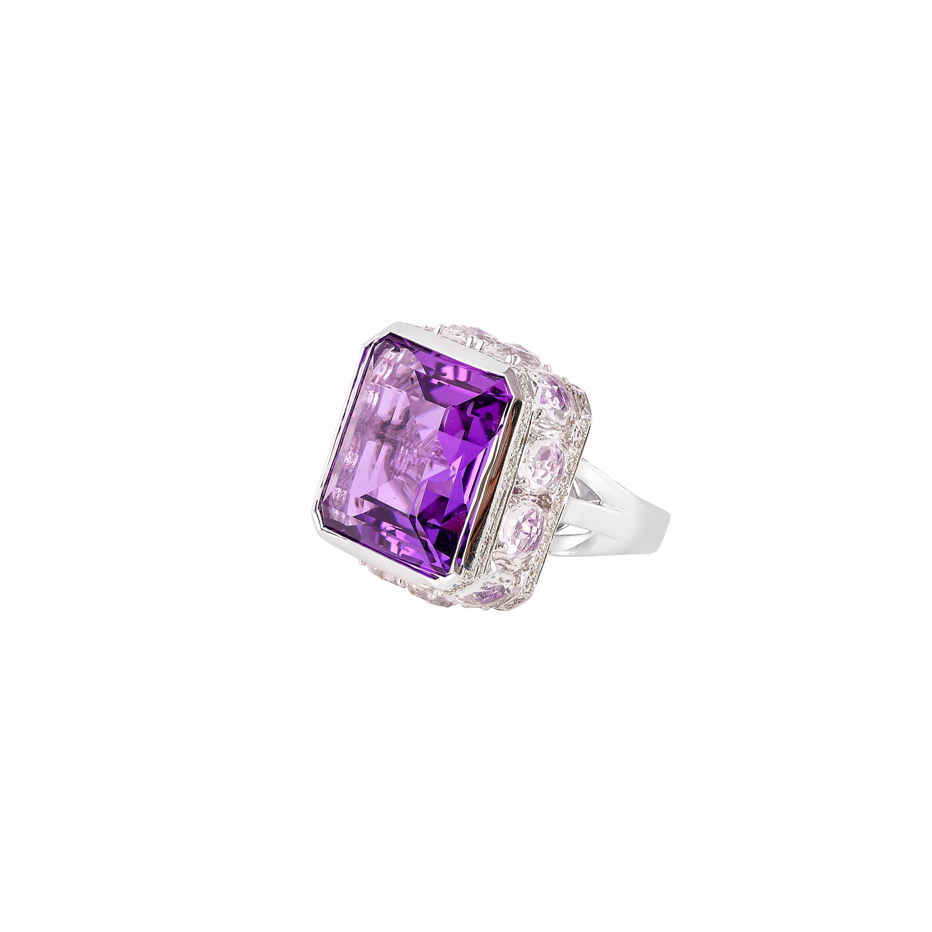 Women's 22.2 Carat Amethyst and Diamond Cocktail Ring in 18 Karat White Gold For Sale