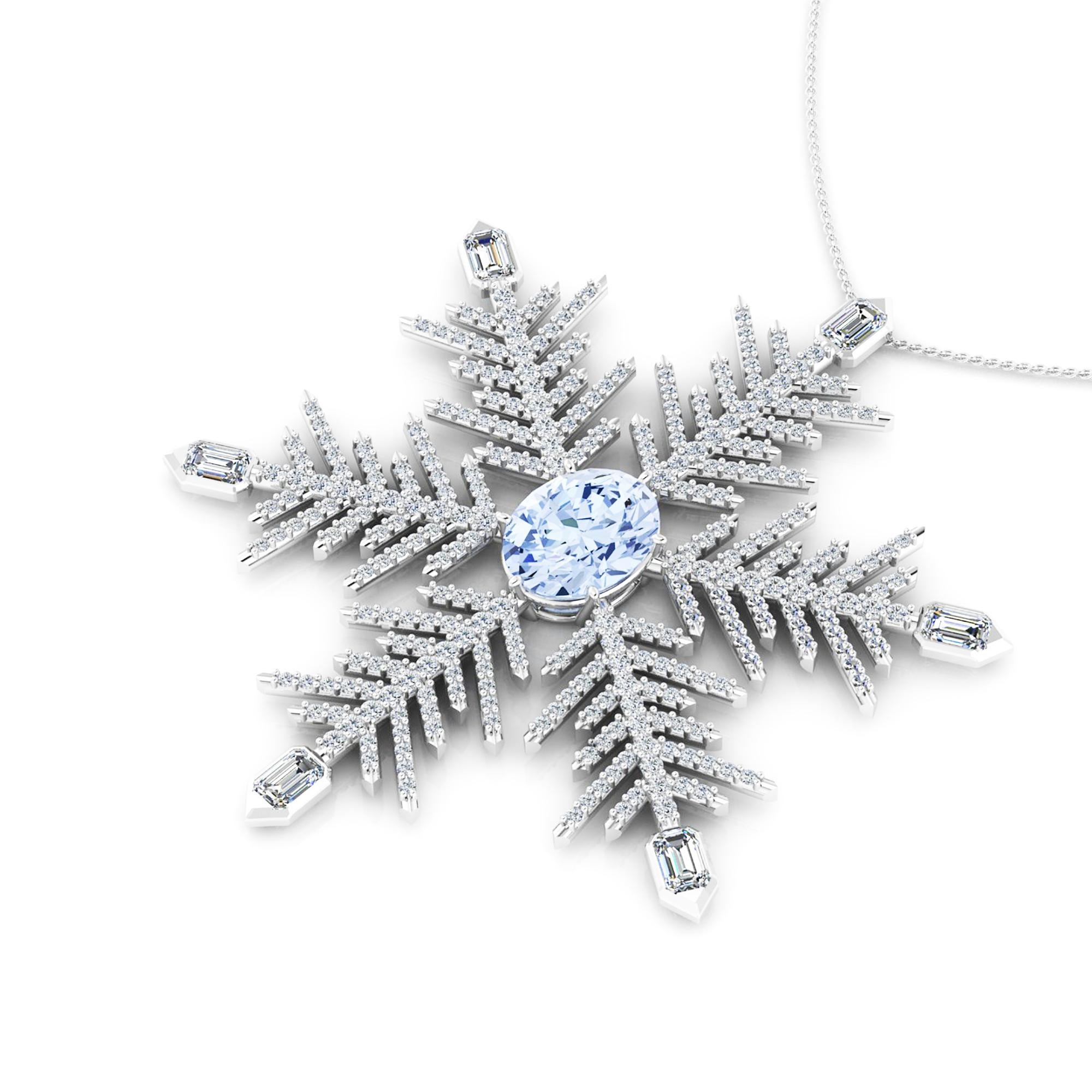 Art Deco 2.5 Carat Aquamarine 2.5 carat Diamonds Snow Flake Pendant Necklace For Sale