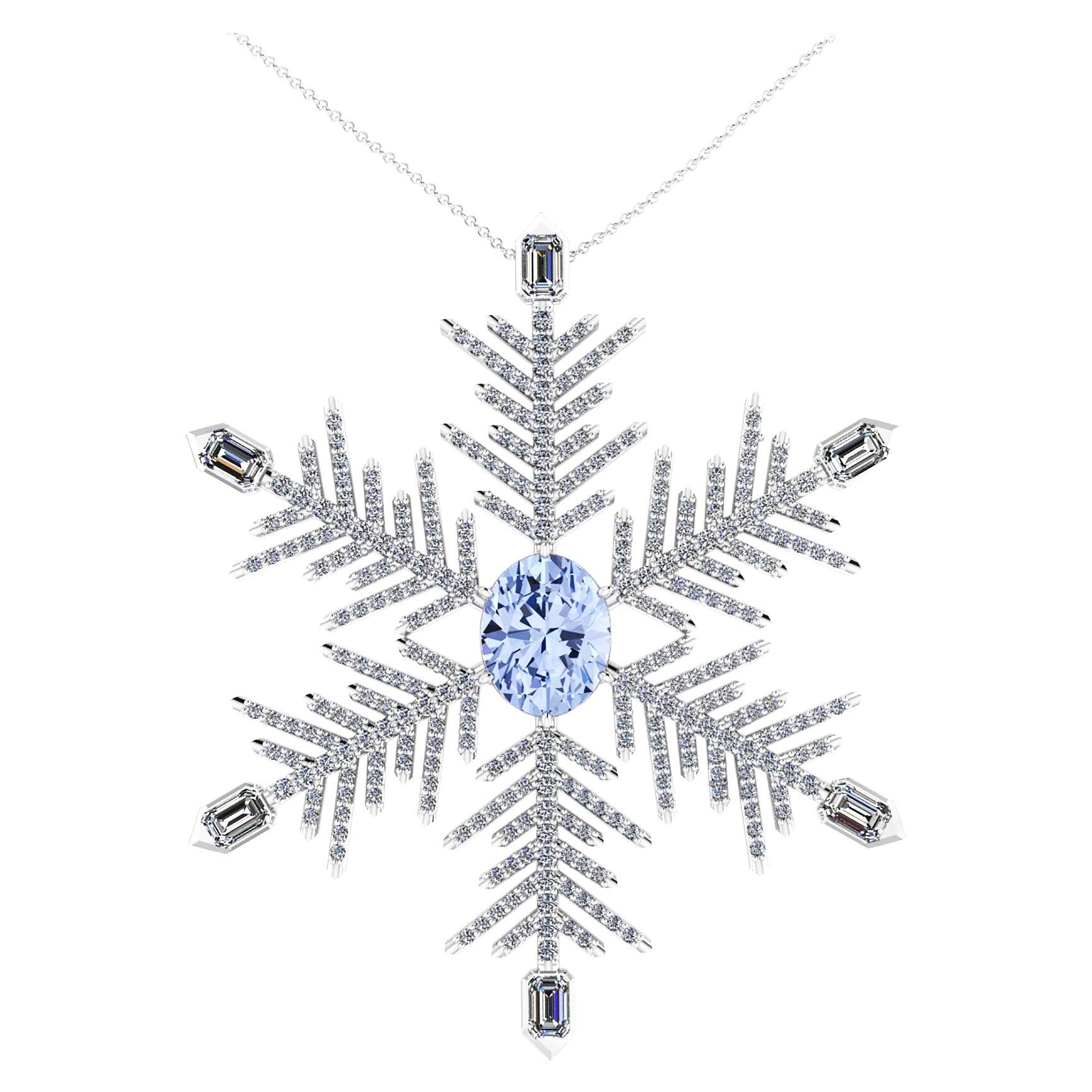 Collier pendentif en forme de flocon de neige avec aigue-marine de 2,5 carats et diamants de 2,5 carats