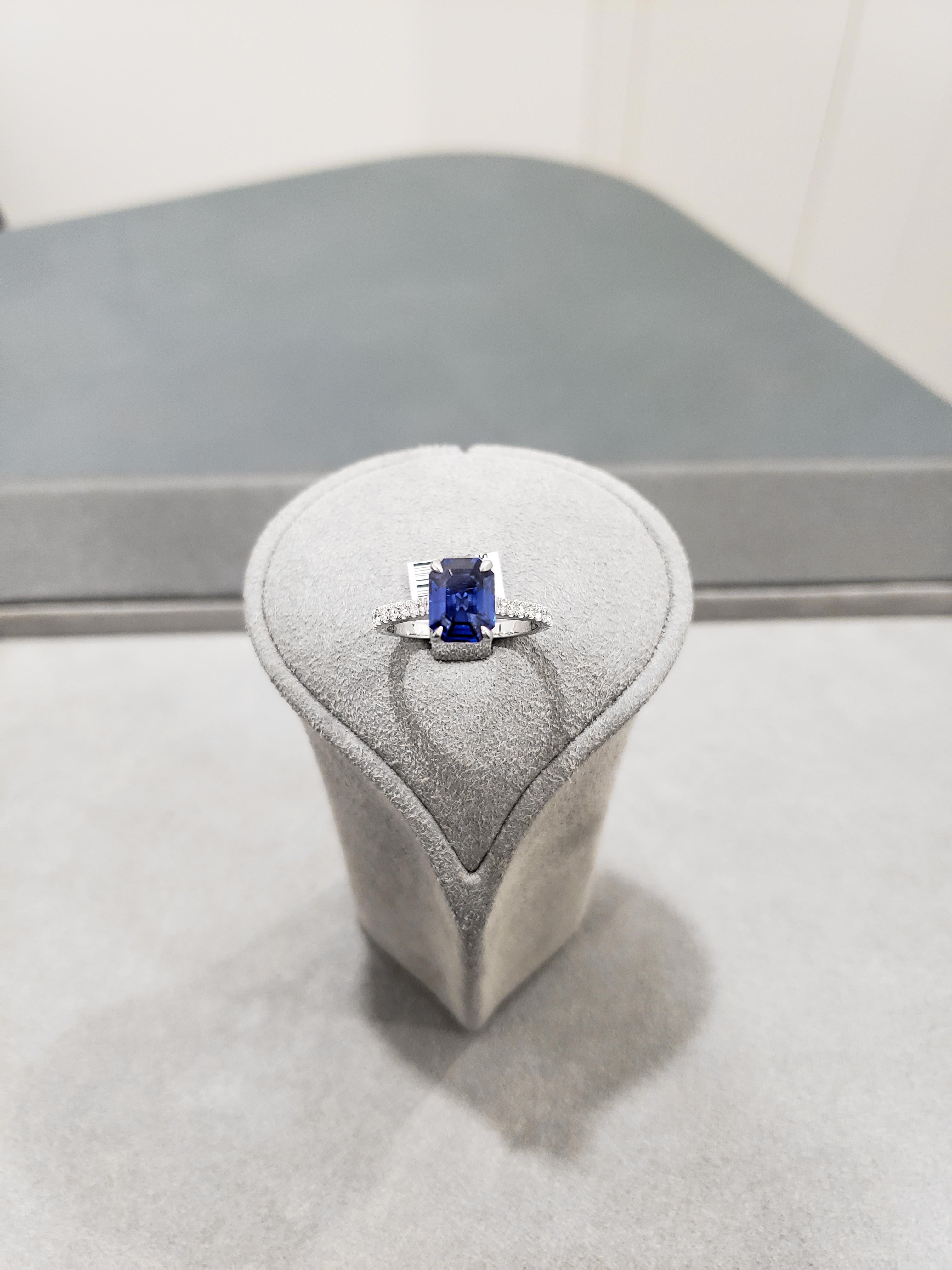 This sapphire ring is set with a 2.22 carat emerald cut blue sapphire set in a polished platinum shank accented with round brilliant diamonds. Diamonds weigh 0.26 carats.

Roman Malakov is a custom house, specializing in creating anything you can