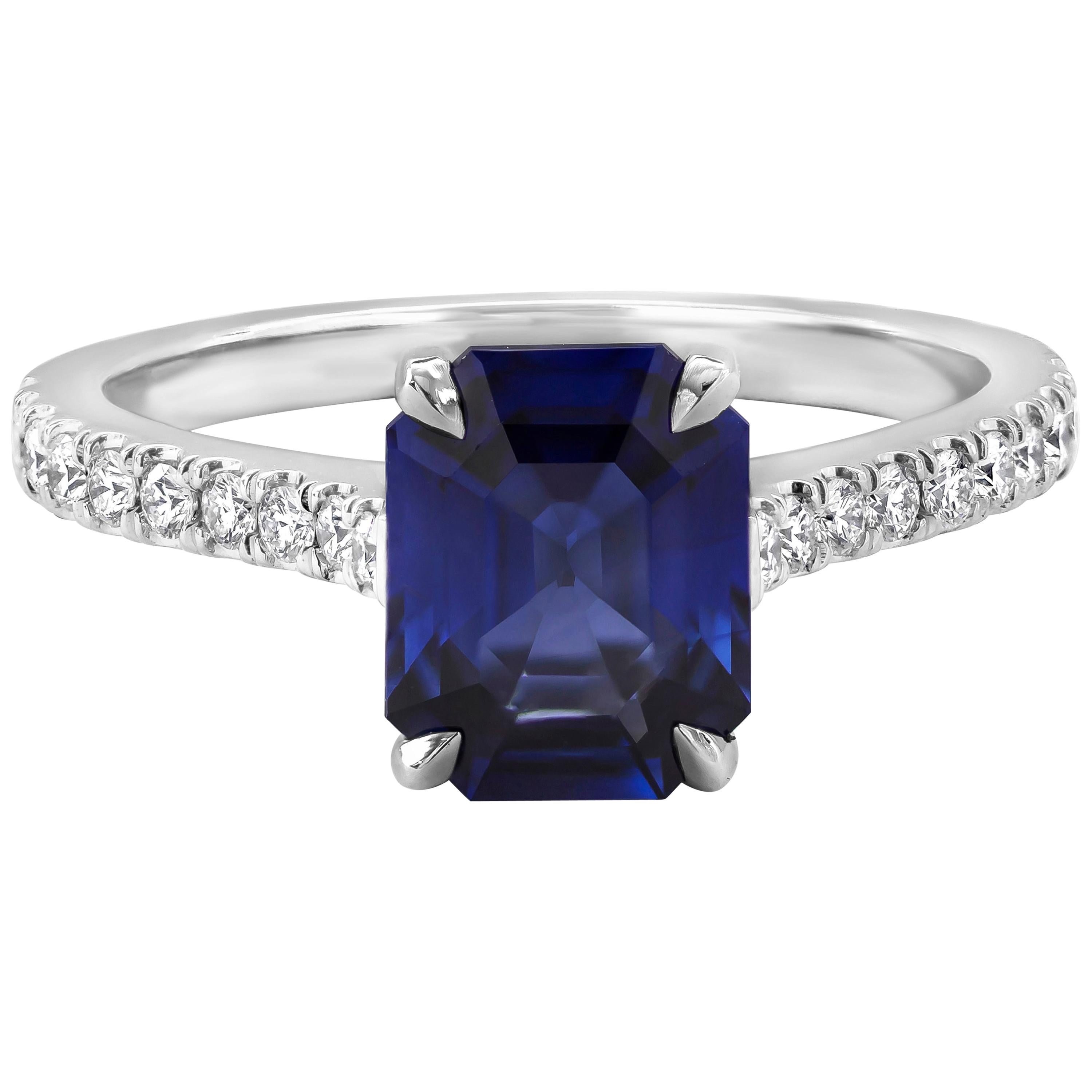Roman Malakov 2.22 Carat Emerald Cut Blue Sapphire and Diamond Engagement Ring For Sale