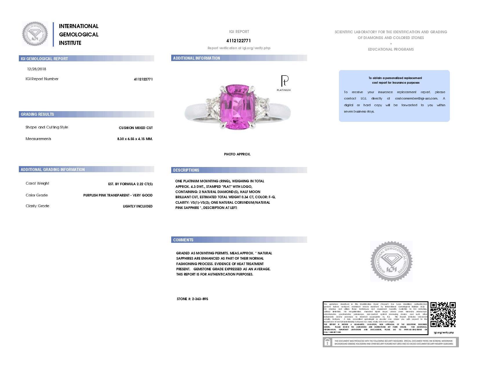Cushion Cut 2.22 Carat Cushion Pink Sapphire and Diamond Ring For Sale