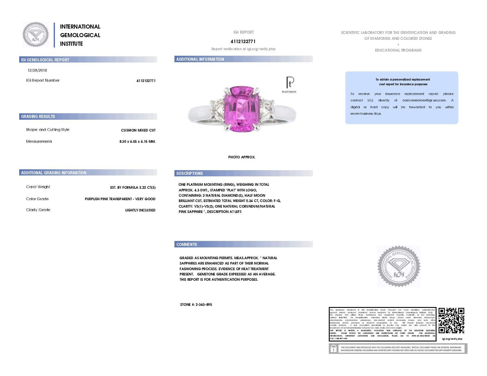 2,22 Karat Ring mit rosa Saphir und Diamant im Kissenschliff im Zustand „Neu“ im Angebot in New York, NY