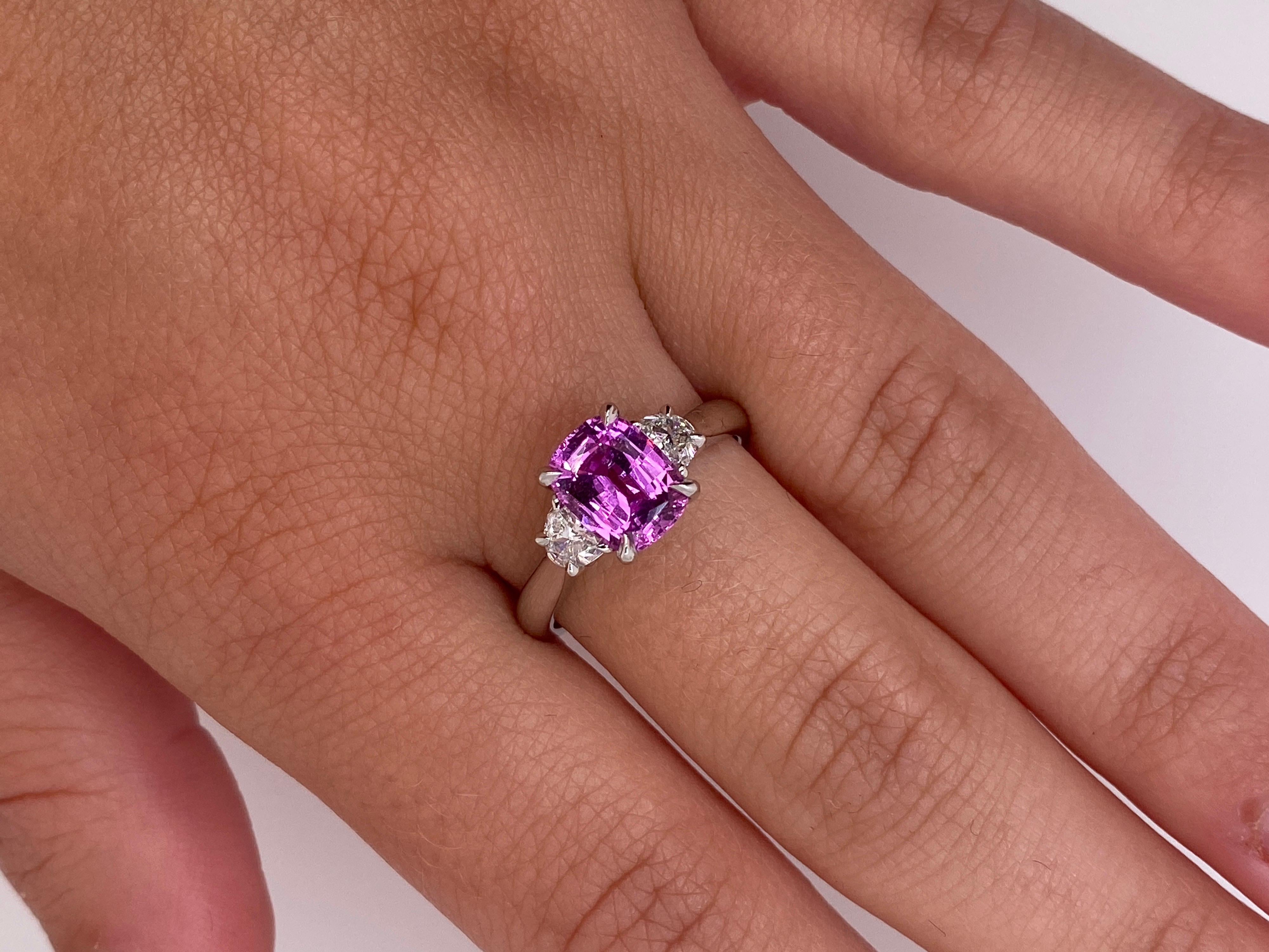 Women's 2.22 Carat Cushion Pink Sapphire and Diamond Ring For Sale