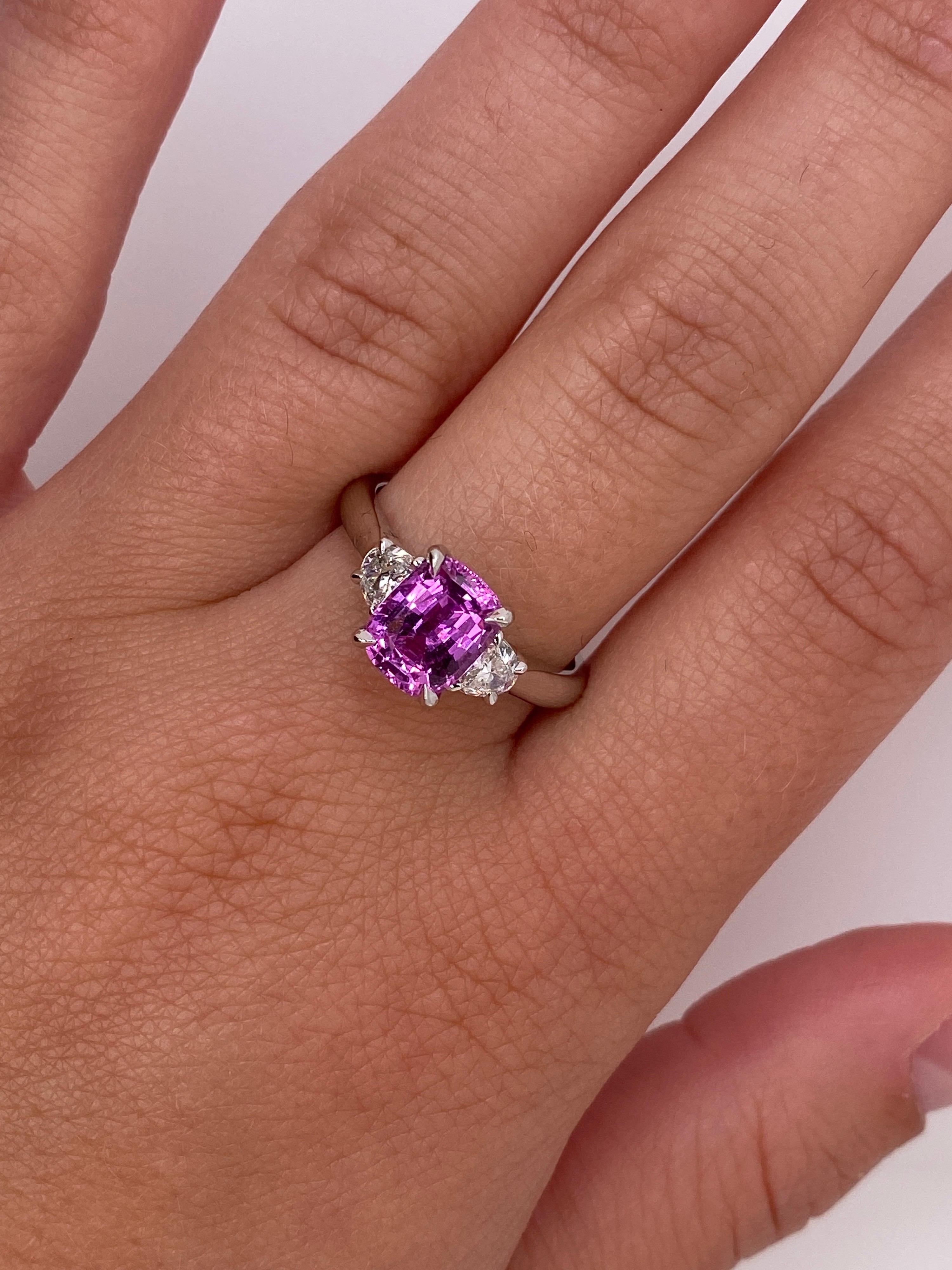 2.22 Carat Cushion Pink Sapphire and Diamond Ring For Sale 1