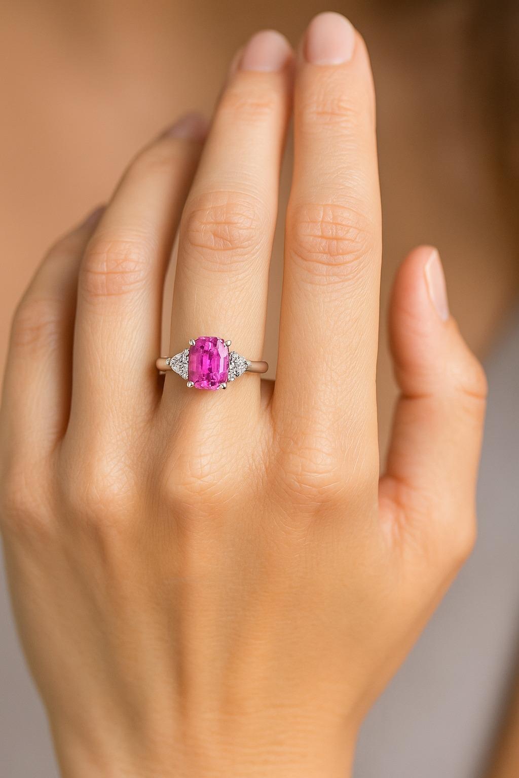 Bague en saphir rose coussin de 2,22 carats et diamants en vente 2