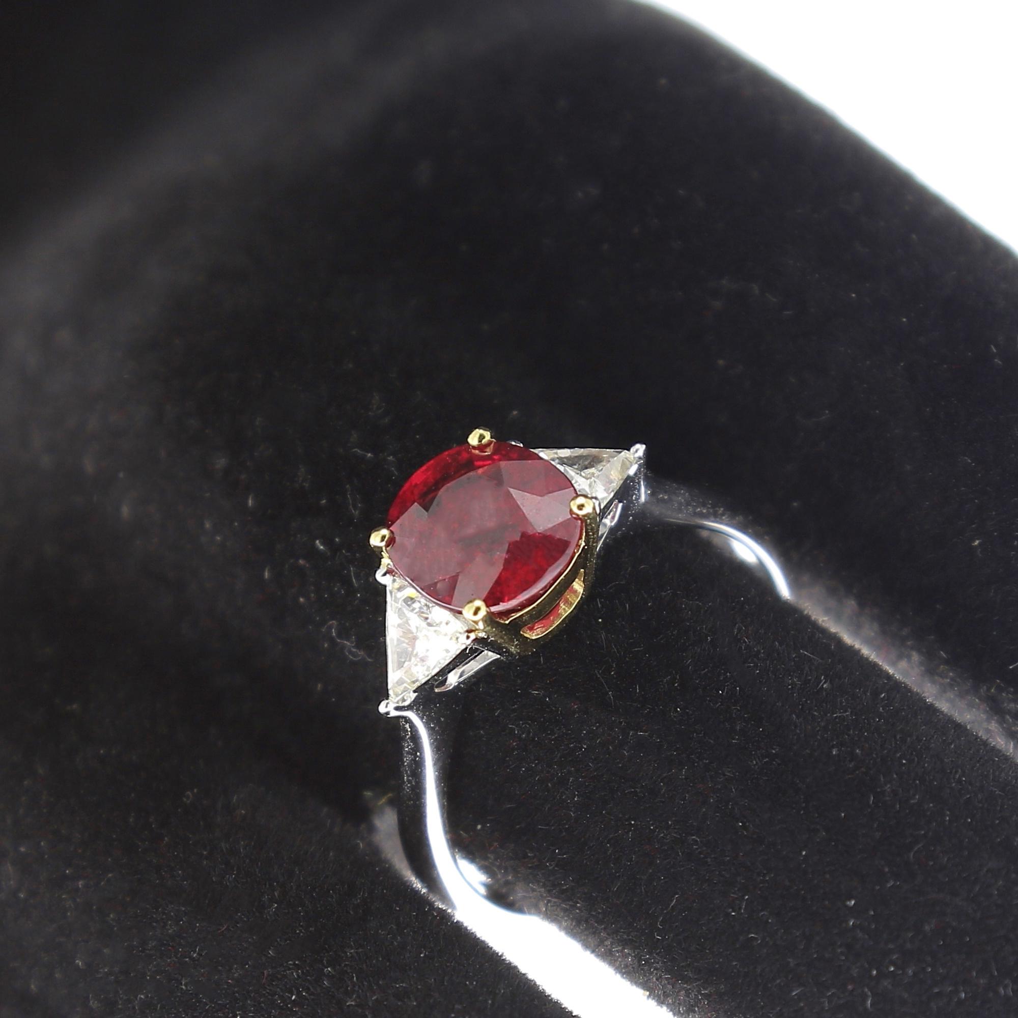 Cushion Cut 2.22 Carat Cushion Ruby Ring Three-Stone Ruby and Diamond Rings 18K White Gold For Sale