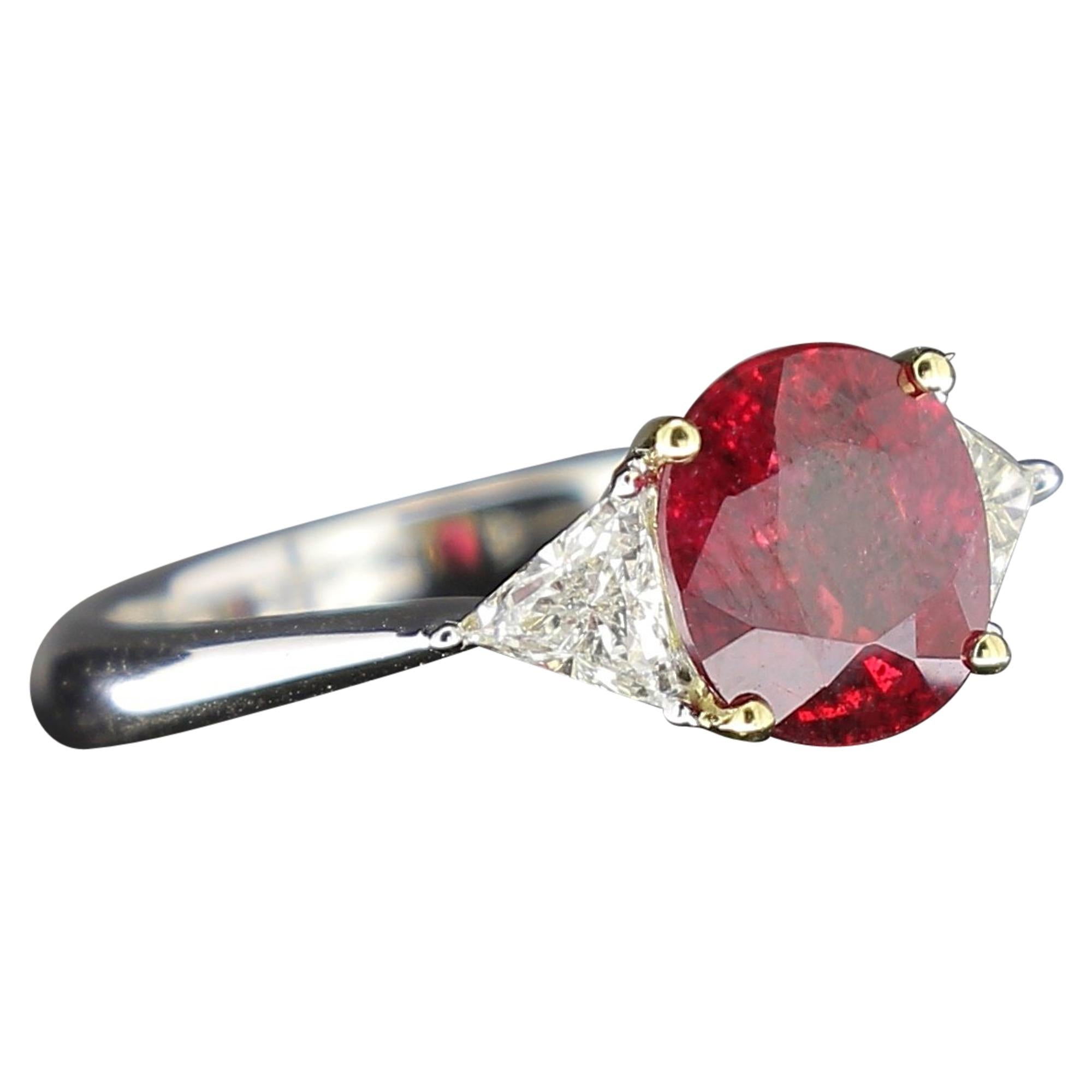 2.22 Carat Cushion Ruby Ring Three-Stone Ruby and Diamond Rings 18K White Gold For Sale
